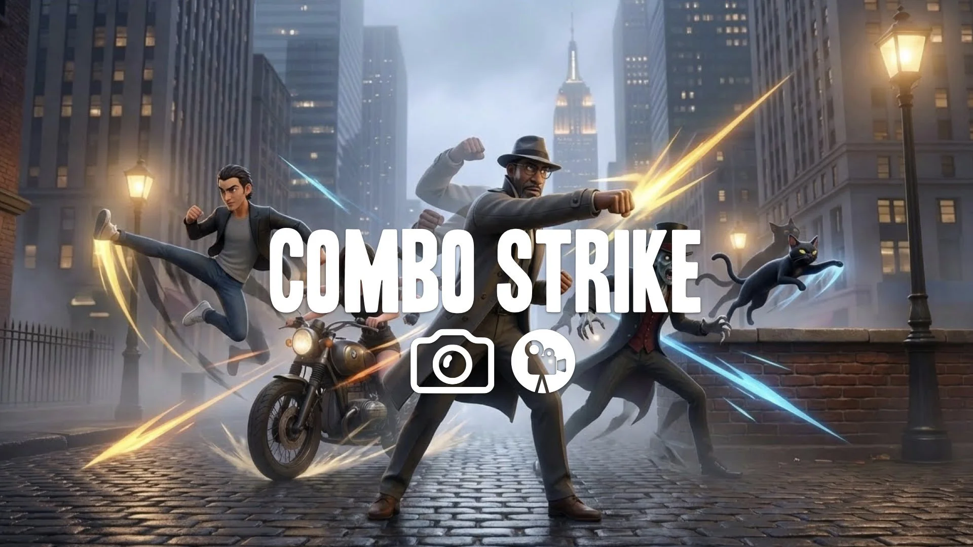 Mid-combo pose with shadow trail afterimages duplicating limbs for impact. Kinetic lighting highlights action. Keep the character and original style. No music.