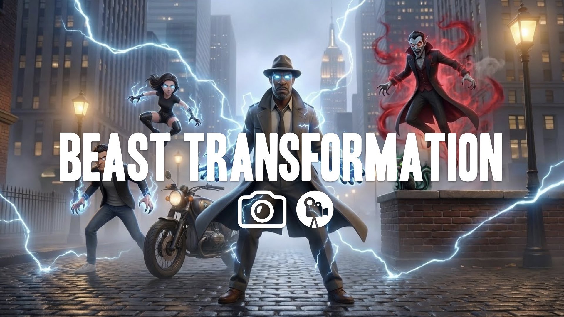 Character transforms into beast form. Glowing eyes, manifested claws, heavy energy distortions. Intense supernatural effects. Keep the character and original style. No music.