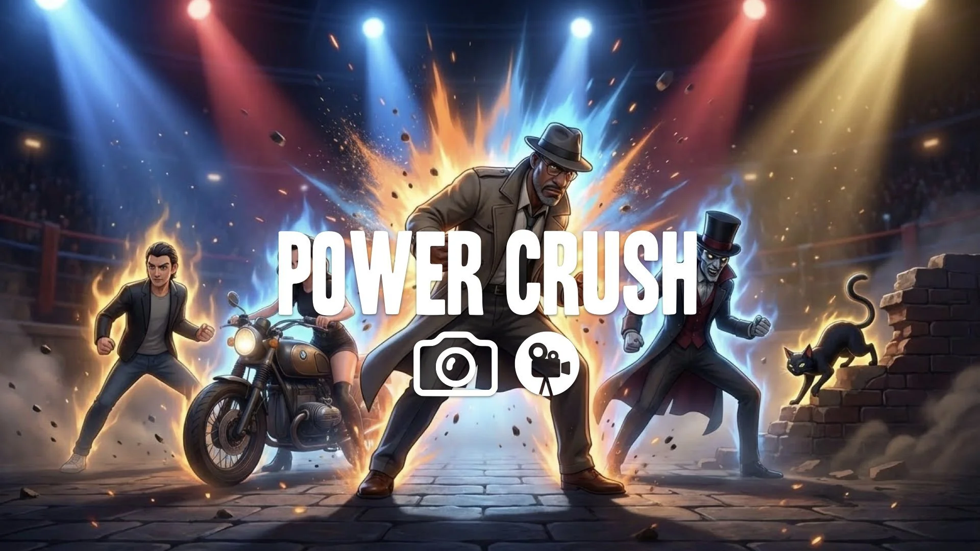 “Keep the character and original style. Repose them absorbing a heavy blow with a ‘power crush’ posture—body leaning forward, aura flaring, fist ready to counter with force. Add arena lighting and par