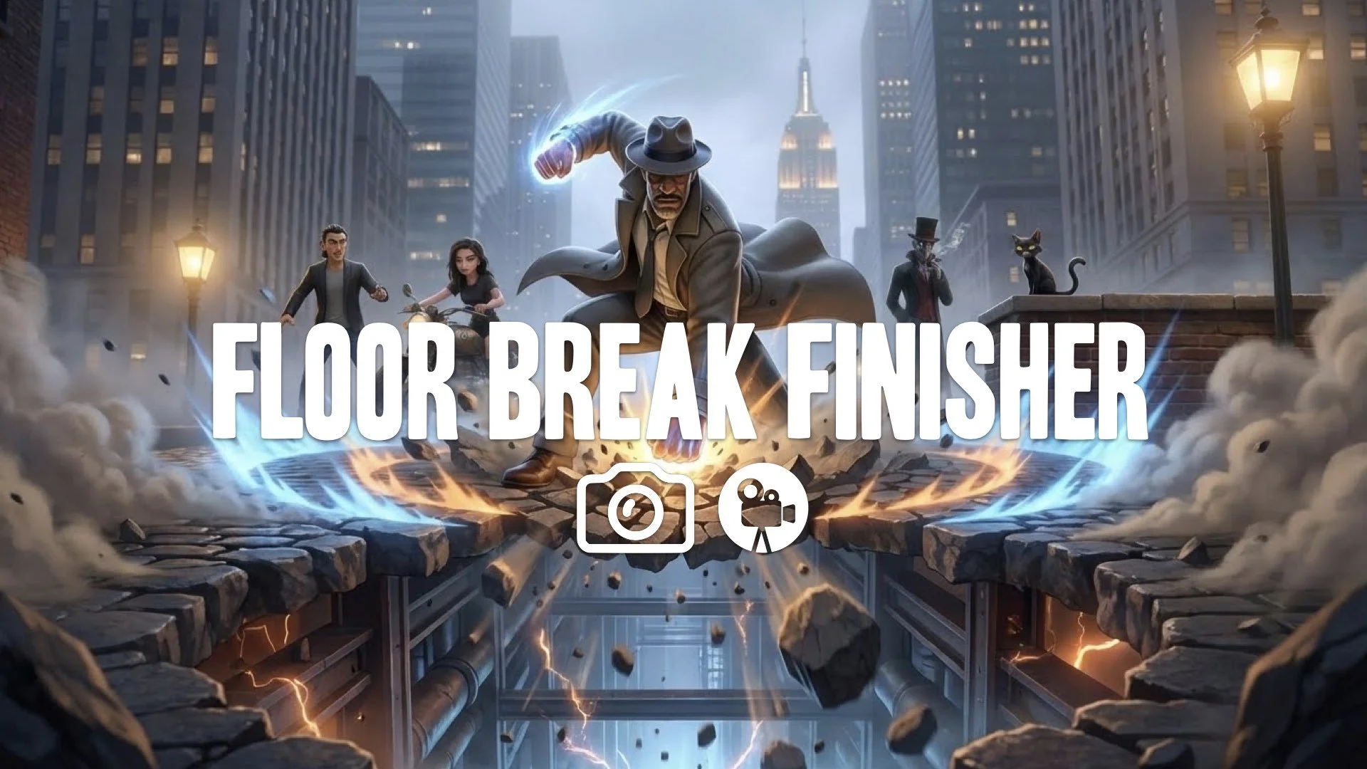 “Keep the character and original style. Repose them performing a downward strike that cracks the floor beneath them, opening a Tekken-style multi-level drop. Add shockwaves and dust. No music.”