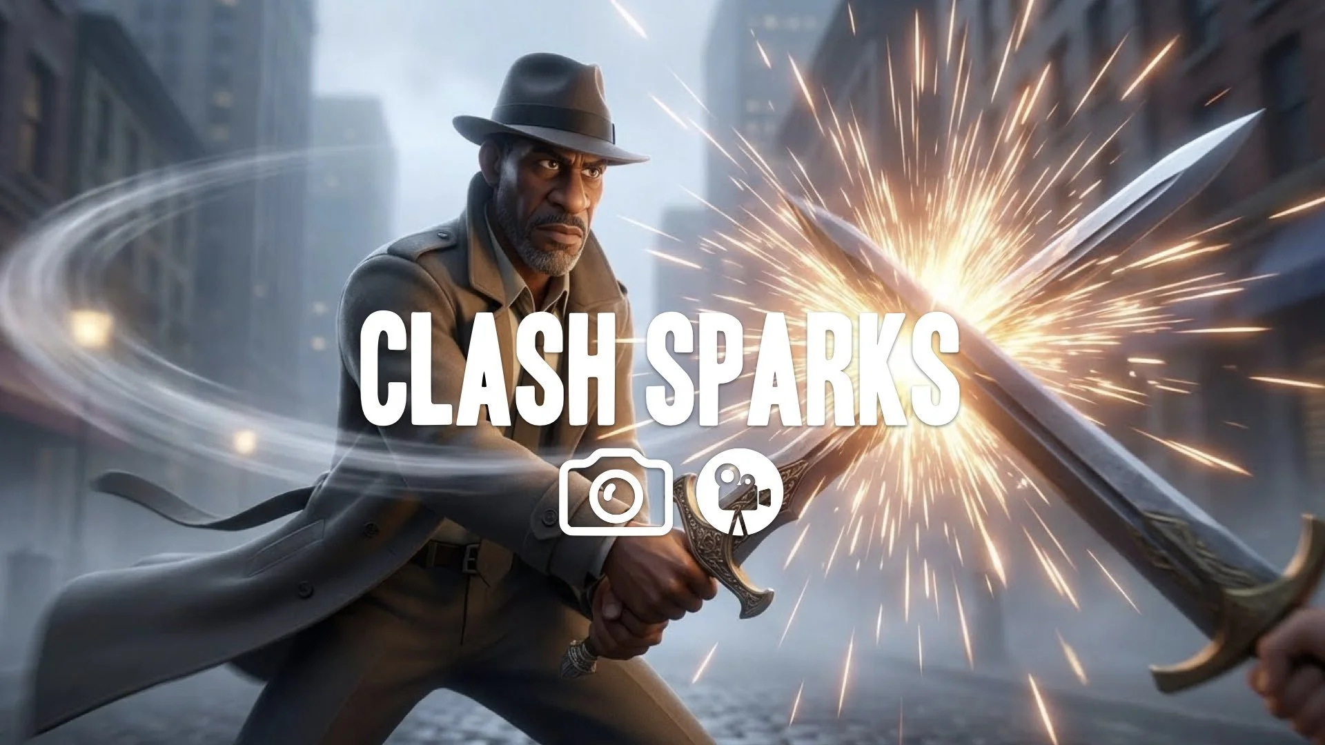 Maintain character and style. Repose in Soul Calibur-style weapon clash: mid-strike against off-frame blade, bright sparks, elegant motion blur, and dramatic framing. No music.