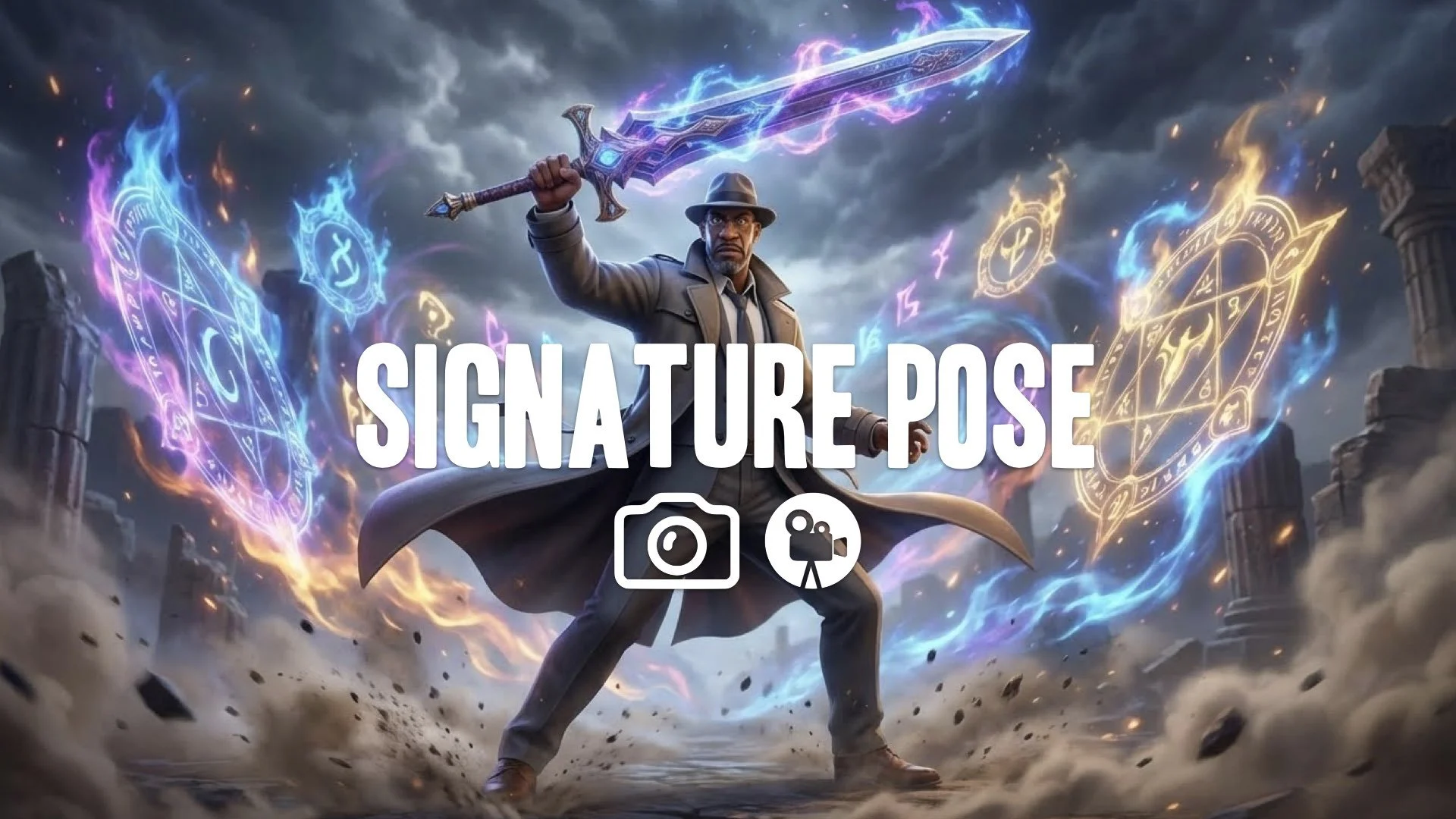 Maintain character and style. Soul Calibur 'Critical Finish' pose: weapon raised, flowing armor, glowing runes igniting. Mystical battlefield atmosphere. No music.