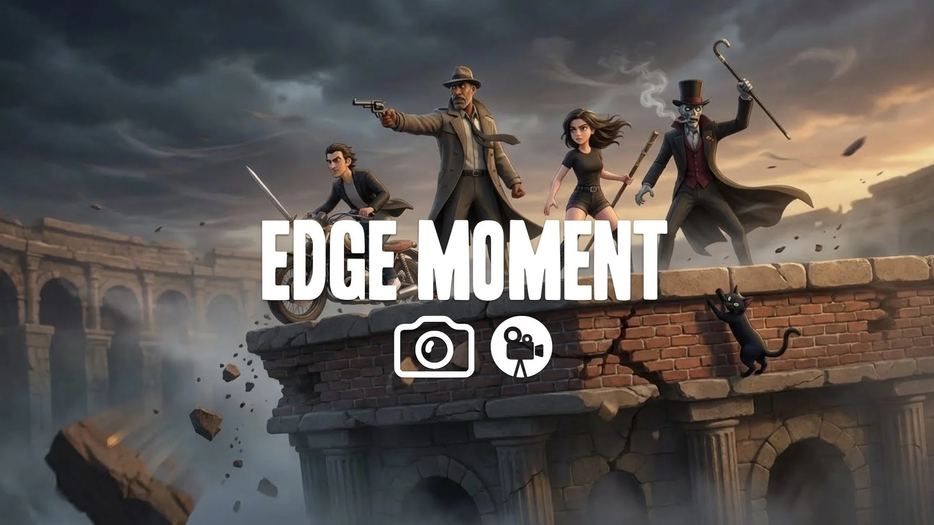 Maintain character and style. Repose balancing at edge of Soul Calibur arena, weapon extended, wind whipping. Capture tension of imminent ring-out. No music.