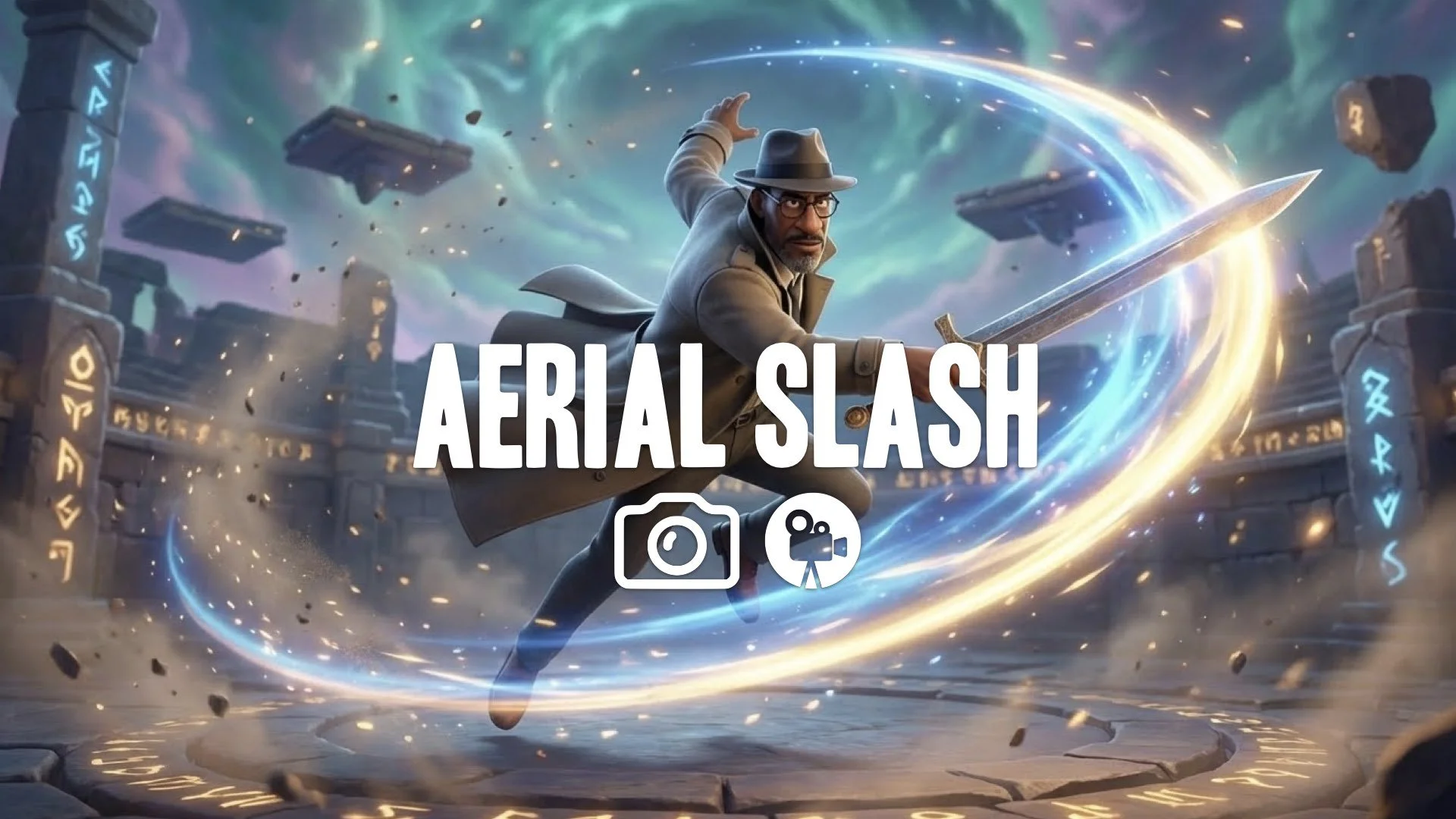 Maintain character and style. Pose in mid-air spinning slash; weapon leaves a sharp magical light arc. Add mythical arena setting with floating particles. No music.