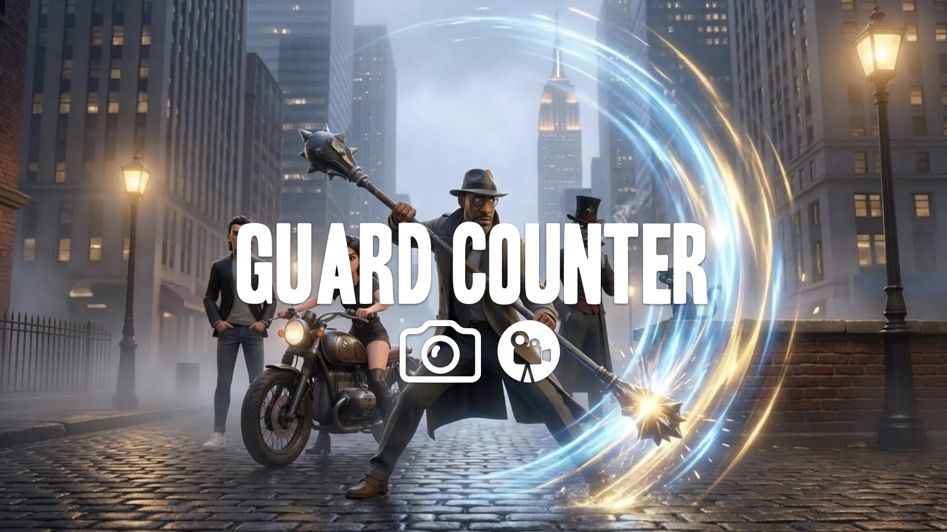 Maintain character and style. Repose in perfect Guard Impact: weapon angled to deflect blow, sending reflective shockwaves outward. Polished fantasy lighting. No music.