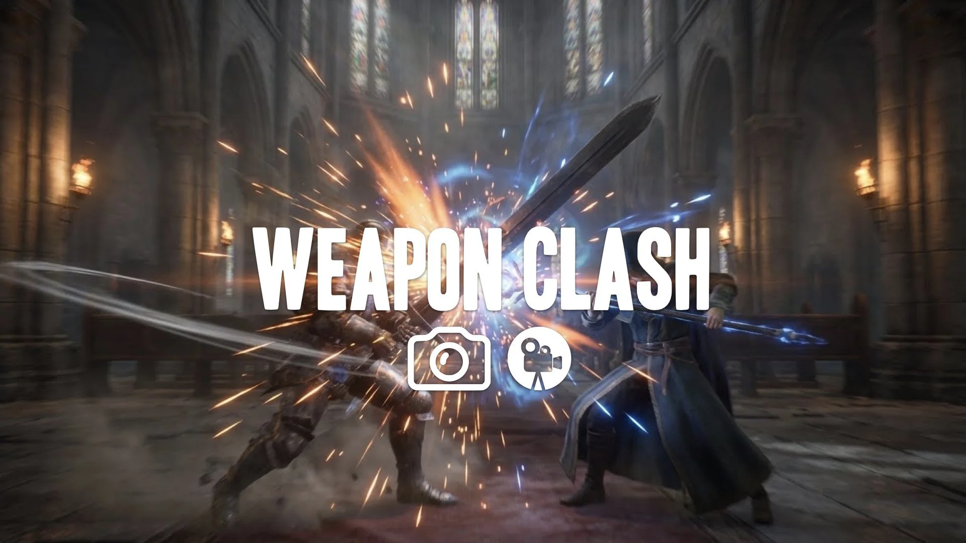 Dynamic next-gen fighting game side-view: massive Zweihänder clashes with glowing staff. Frozen "hit stop" moment, intense sparks and particles. Blurred gothic cathedral background volumetric lighting