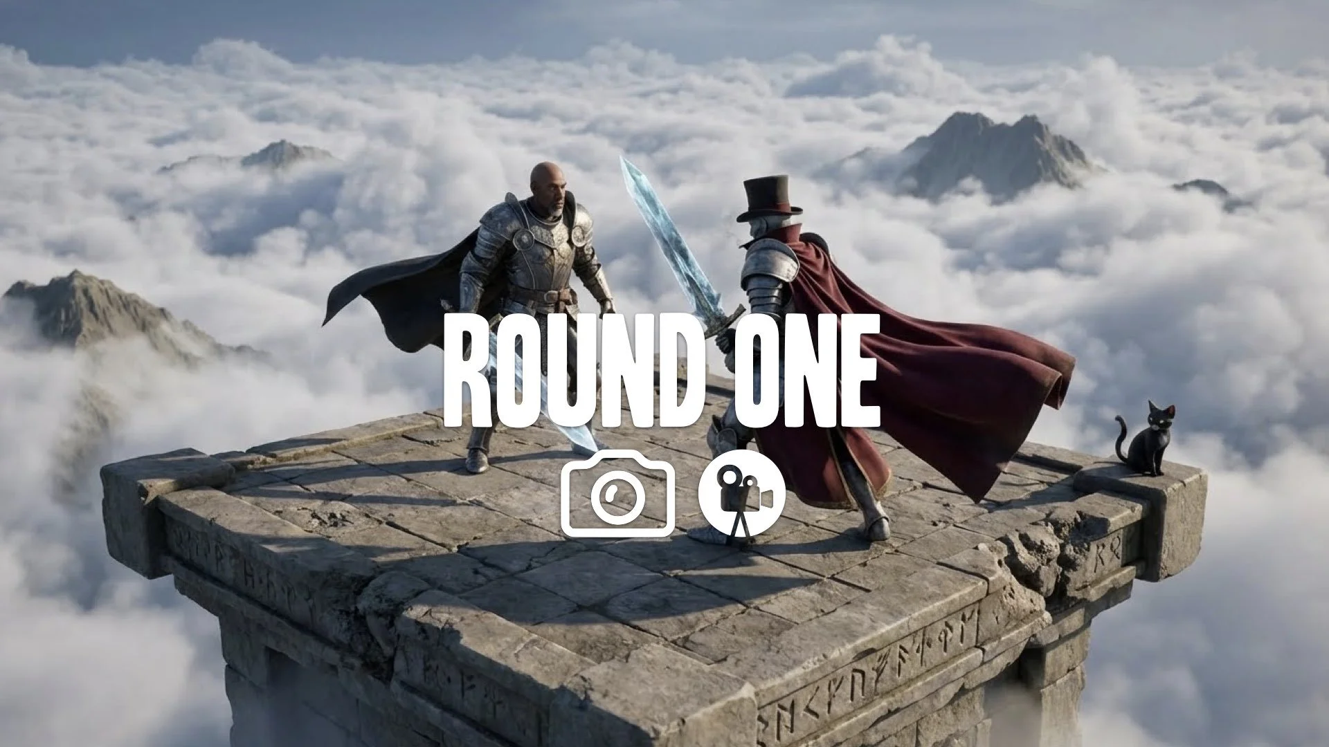 Hyper-realistic UE5 cinematic pre-fight: Two warriors face off on a floating cloud platform. Slow 360 camera orbit highlights intricate armor, crystal swords, and dynamic wind. Tension building.