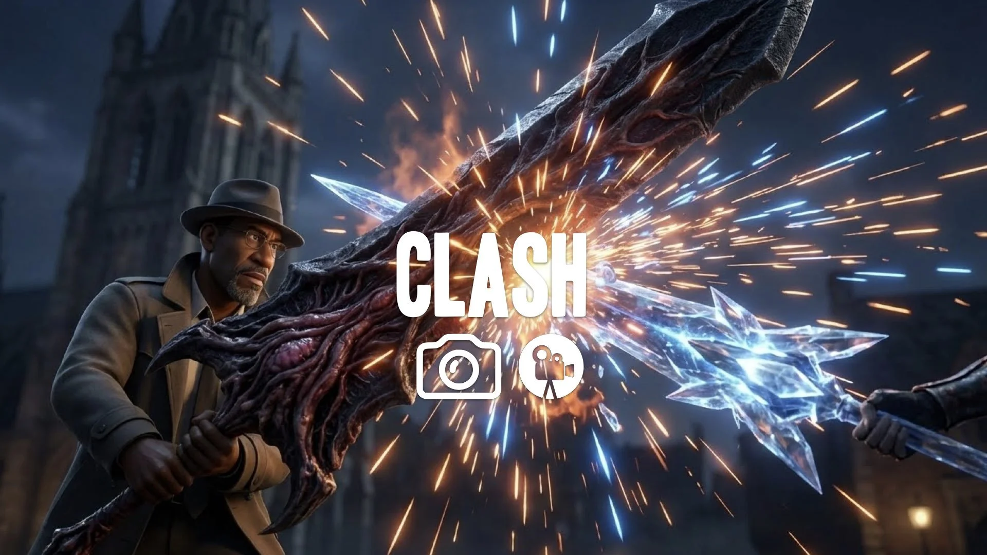 Keep character and style. Cinematic close-up locked on violent clash: cursed organic greatsword vs crystal lance. Capture sparks, friction, and heat distortion. Blurred cathedral background. 