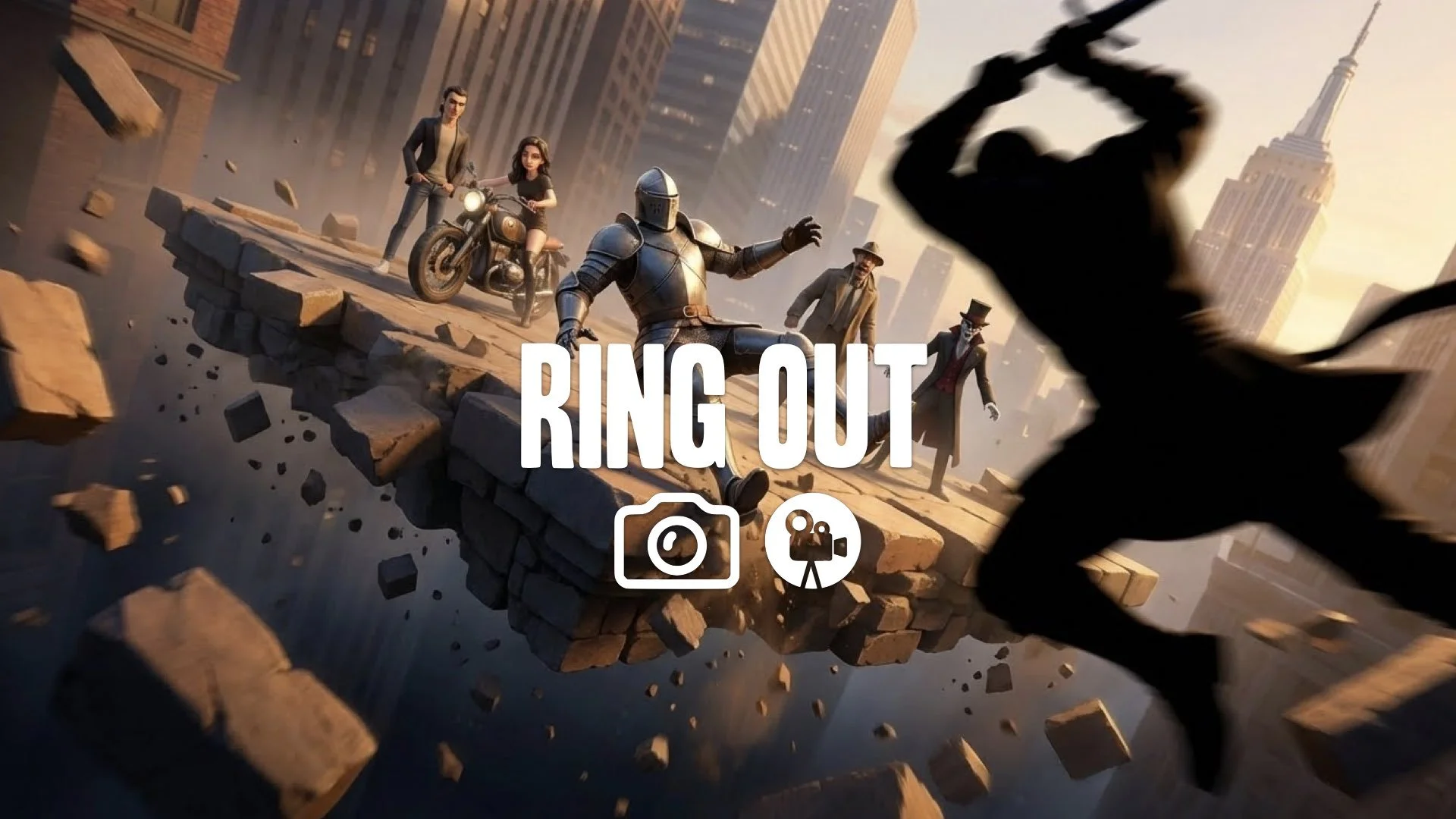 Keep character/style. Dynamic low-angle from abyss. Knight staggers, slipping off floating stage edge with crumbling debris. Silhouette opponent mid-swing. Vertigo, speed feel. Golden hour light.