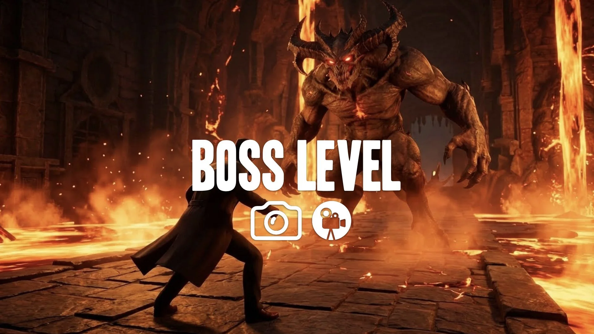 Keep character/style. Over-the-shoulder gameplay: protagonist circles massive demon boss in lava dungeon. Smooth camera track right. Heat haze, low agile stance. Intimidating atmosphere. No music.