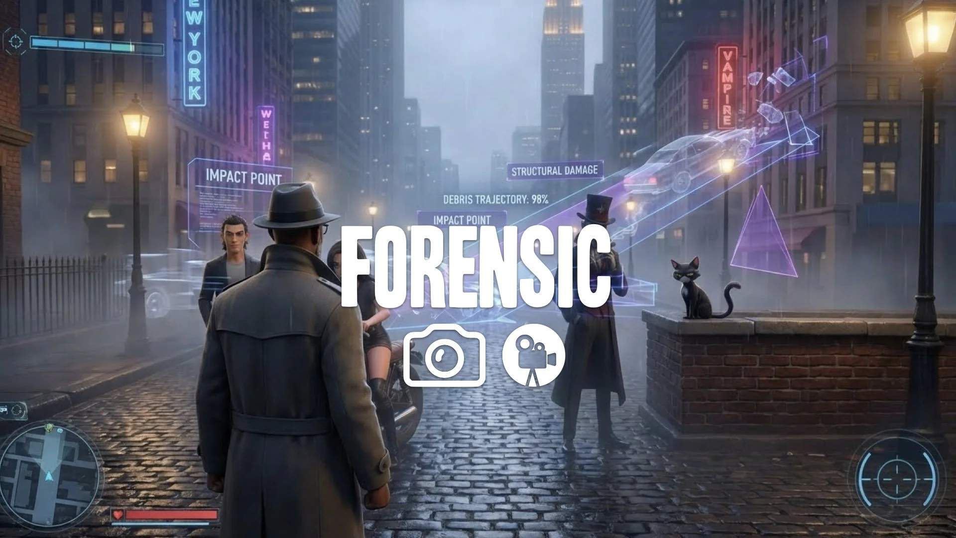 Keep character/style. Over-the-shoulder gameplay: android detective scans rainy neon crime scene. AR wireframes highlight destruction. Camera pans slowly showing ghost-like reconstruction overlays. No