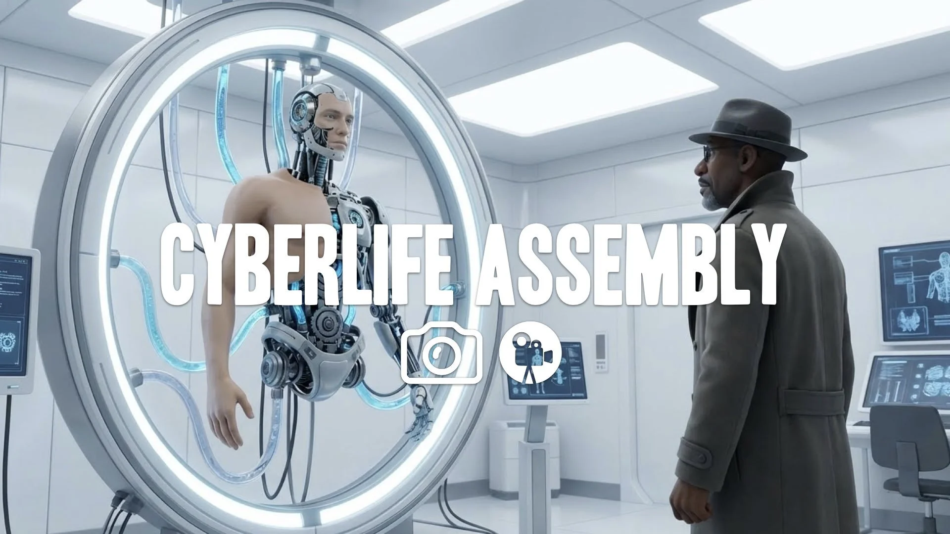 Keep character/style. Smooth pan around partially assembled android in diagnostic ring in sterile lab. Blue fluids pumping. Clinical lighting highlights contrast of synthetic skin vs robotic internals