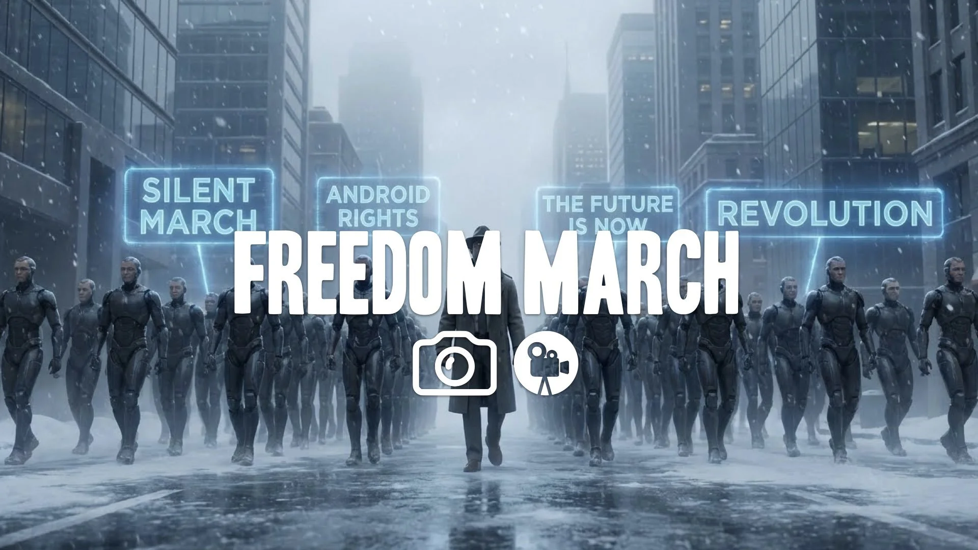 Keep character/style. Wide low-angle track: synchronized android march on snowy street. Hundreds of feet in unison under glowing blue holographic slogans. Heavy revolutionary atmosphere. No text/music