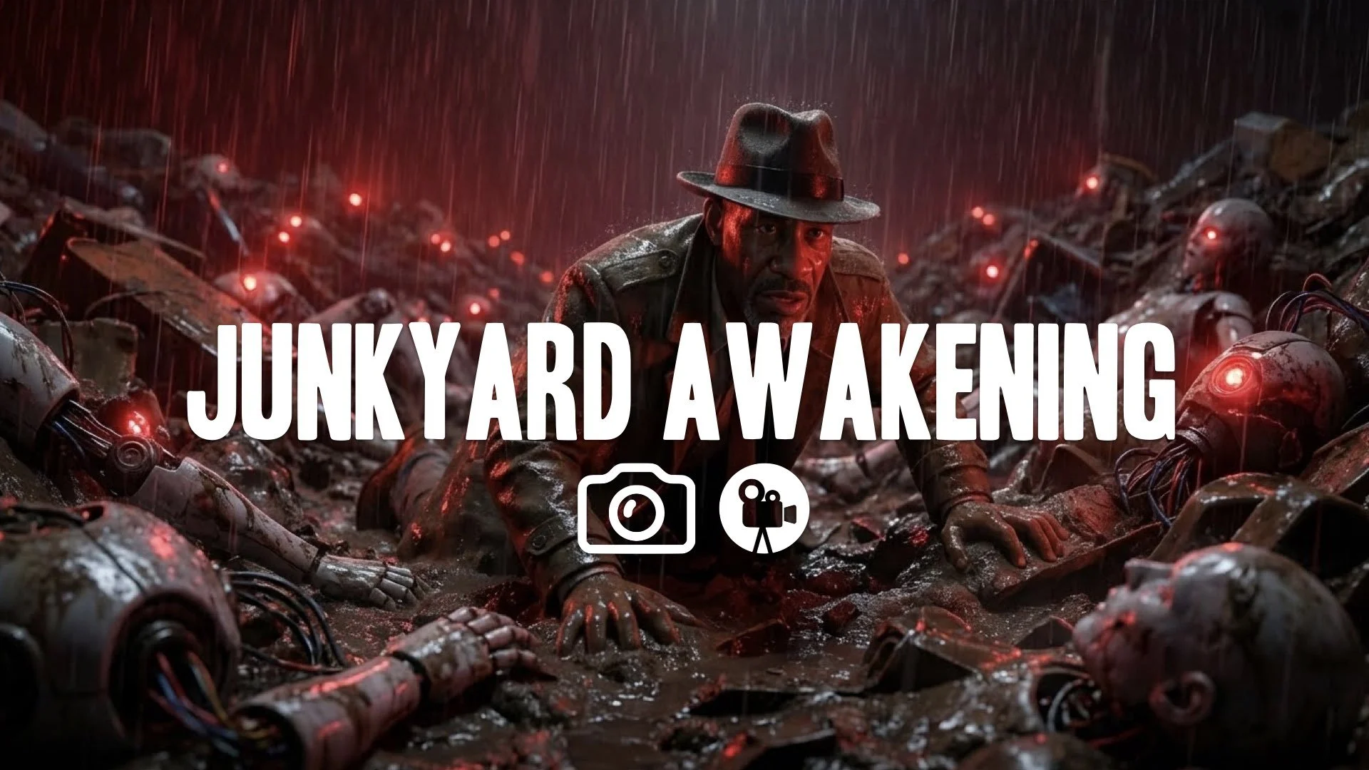 Keep character/style. Cinematic survival horror angle: character crawls through dark, muddy landfill of discarded android limbs under torrential rain. Lit only by flickering red LEDs. Visceral texture