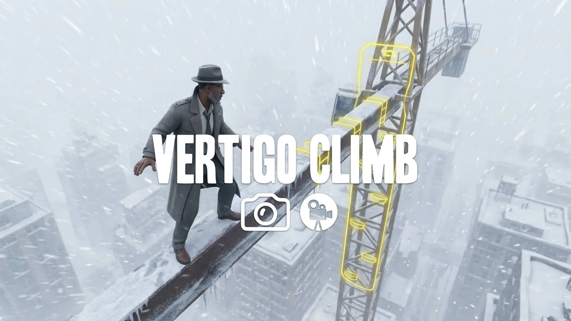 Keep character/style. Third-person action view: balancing on construction crane beam in heavy snow, obscuring dizzying drop. Bright yellow HUD highlights climbing path. High-stakes vertigo. No music.