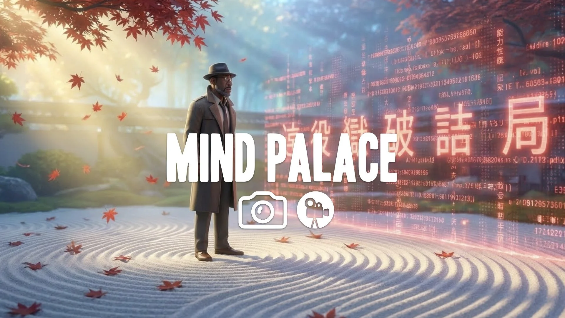 Keep character/style. Serene mental interface visualization: character stands in Zen garden with falling red maple leaves. Slow camera rotation reveals a wall of red digital barrier code. Soft etherea