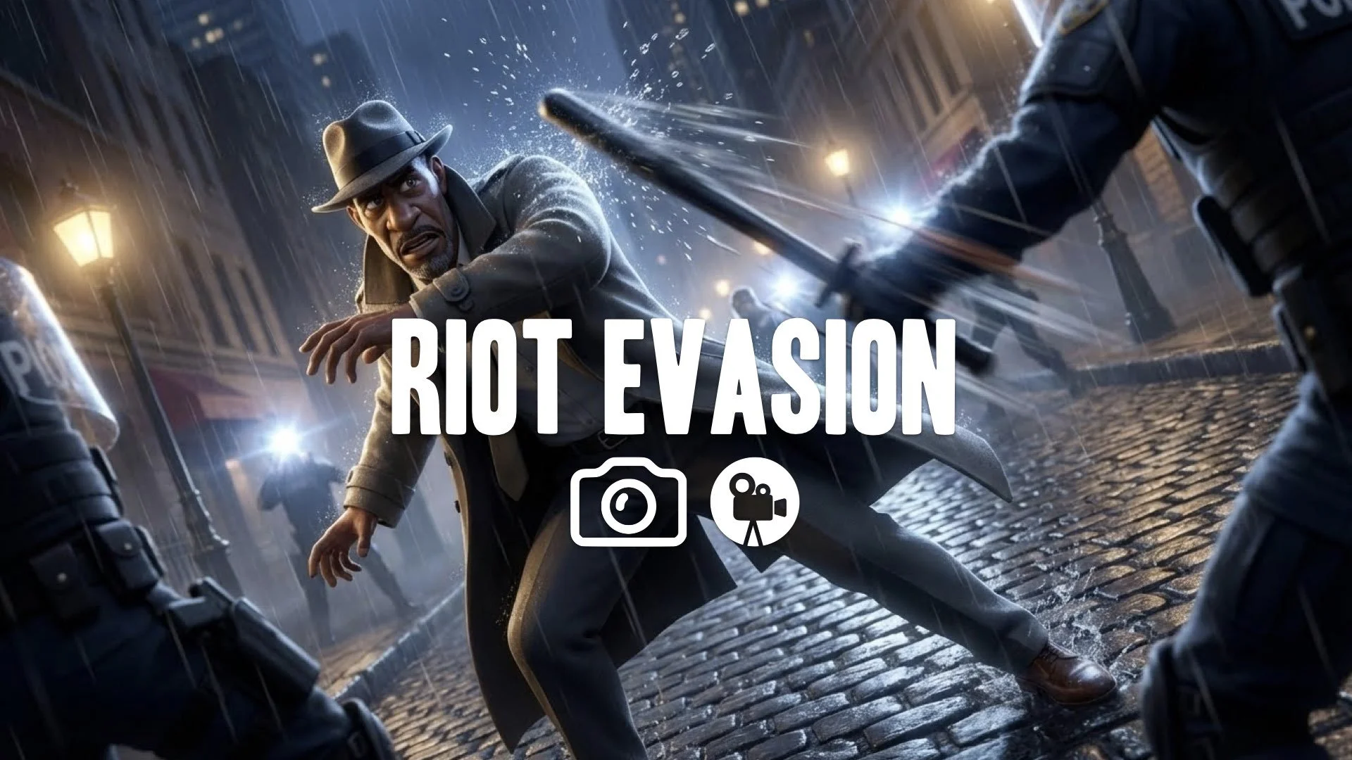 Keep character/style. Intense tilted QTE perspective: character dodges riot baton strike in slow motion. Capture weapon blur and frozen rain splashes under high contrast night lighting. No music.