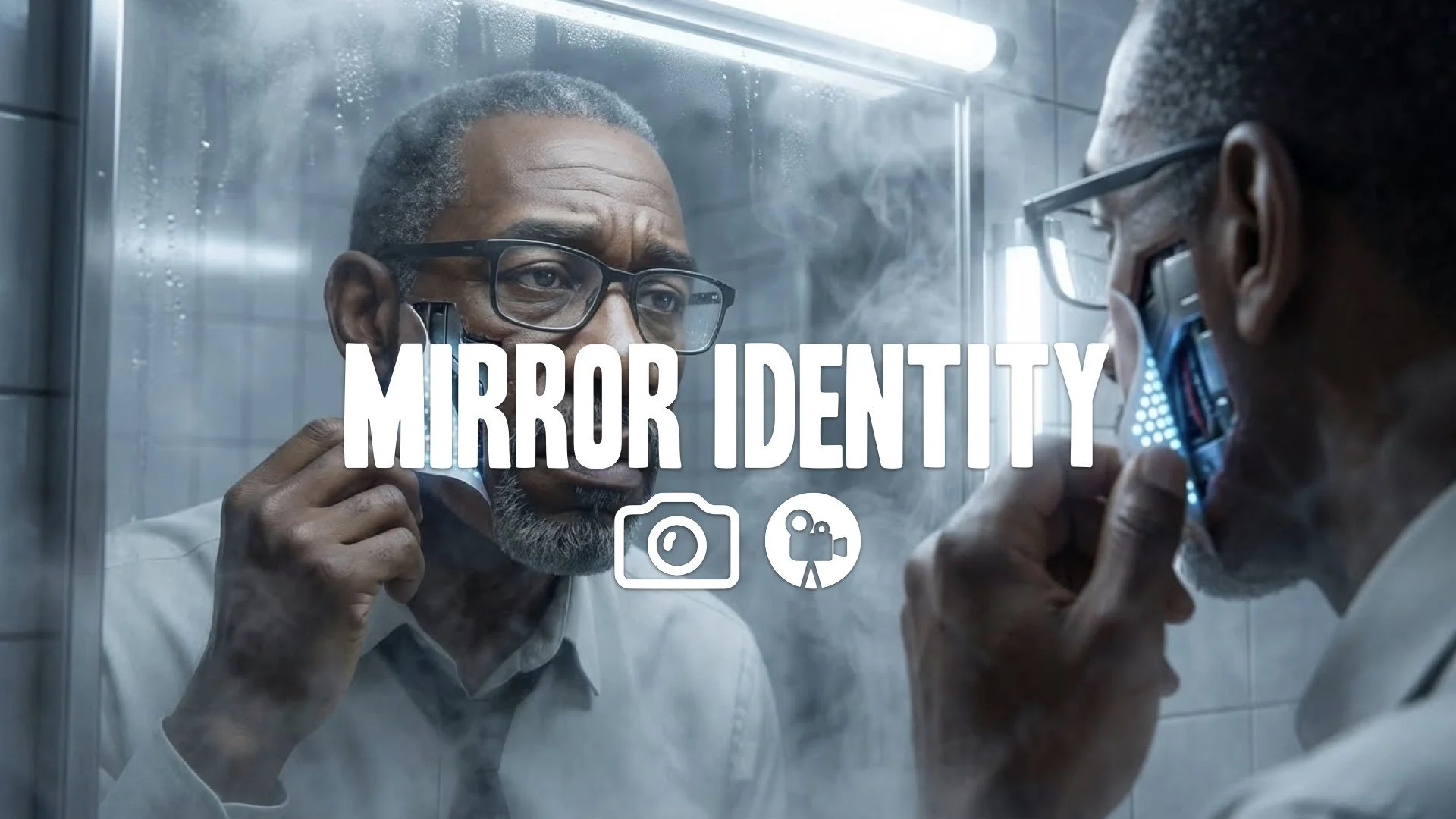 Keep character/style. Emotional close-up: staring in mirror, removing LED skin patch. Harsh clinical lighting reflects machine/human duality. Smoke and steam texture. No music.