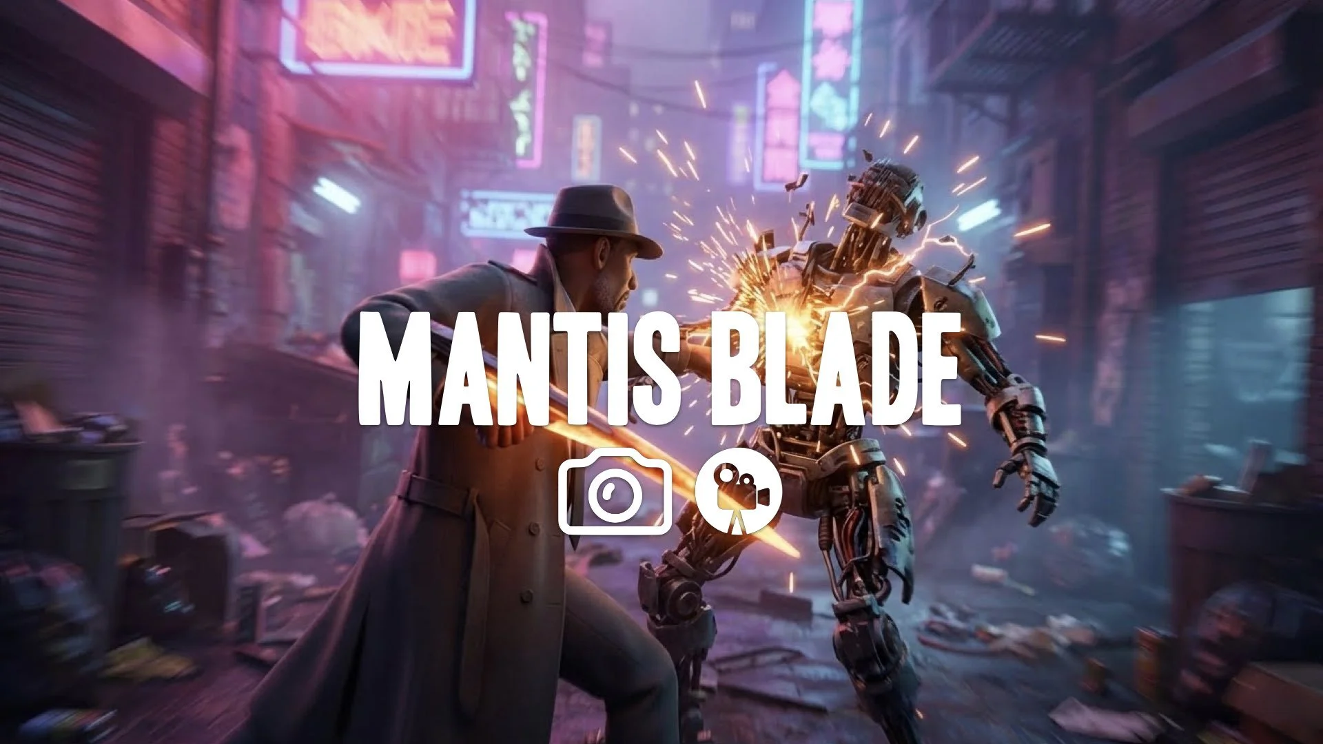FPV gameplay: glowing thermal Mantis Blades impact a robot, showering sparks. Mid-lunge motion blur in a trash-strewn alley filled with neon fog. Cinematic style.No Music