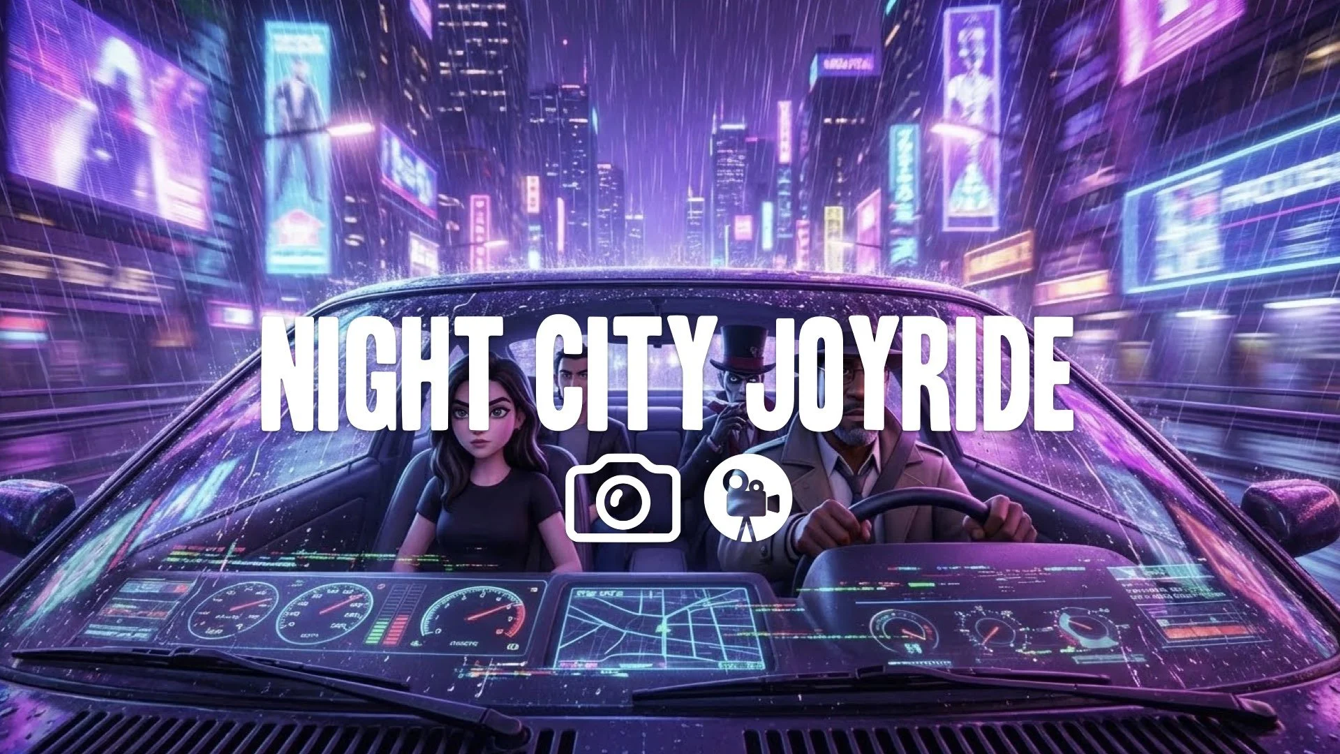 Retro-futuristic cockpit view speeding through a rainy Night City highway. Rain streaks the windshield, refracting purple/blue neon holograms. Glitching dashboard UI. Intense speed and light pollution