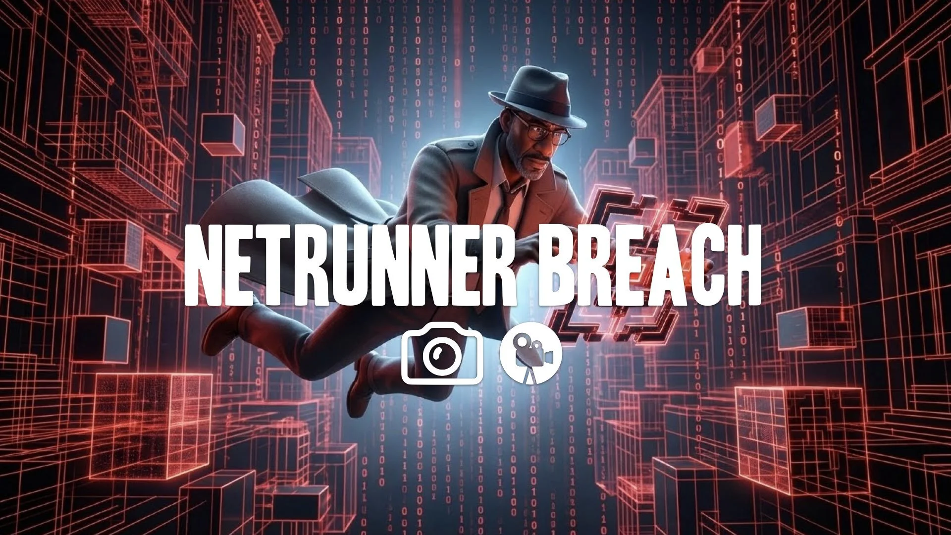 Cyberspace transition: reality dissolves to red/black wireframes and code rain. Character dives, hacking a glowing breach puzzle. High-contrast digital aesthetic.No Music