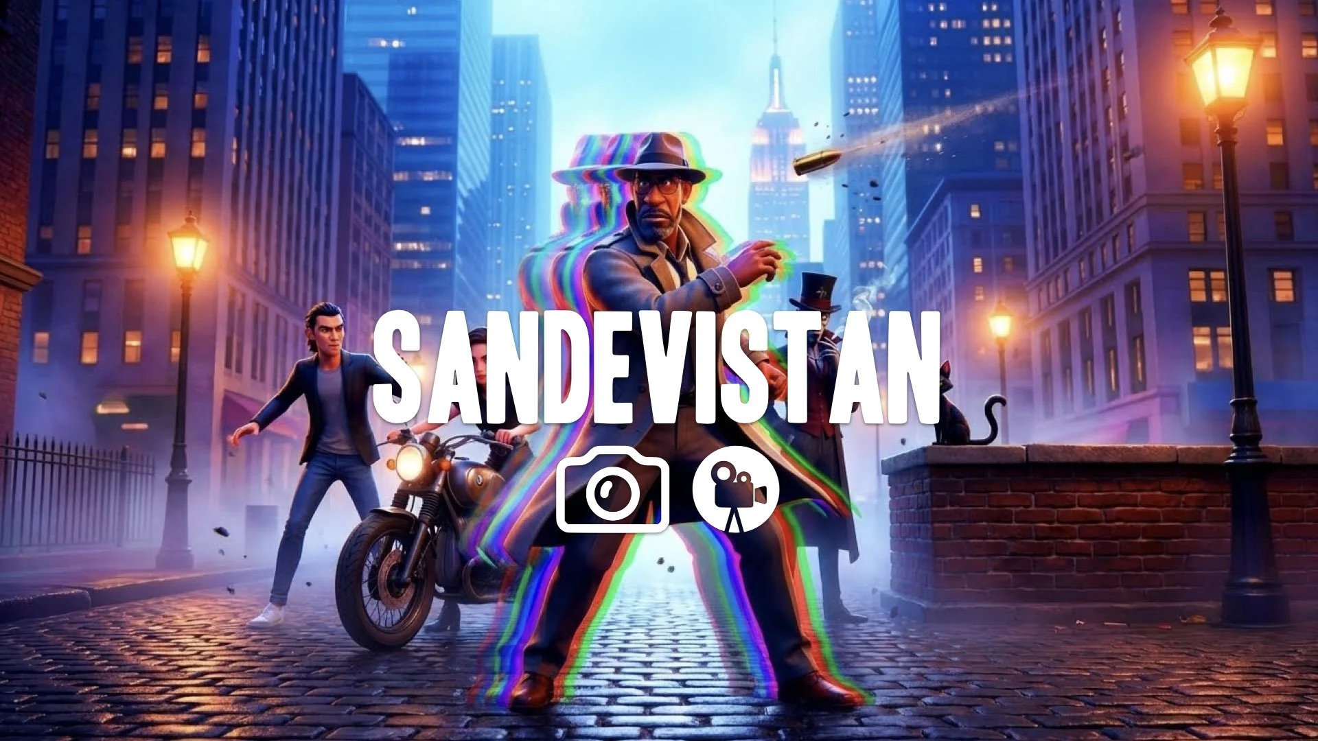 Sandevistan time-dilation freeze frame. Character dodges a bullet with a chromatic aberration ghosting trail. Enemies are frozen in slow motion background. Harsh, saturated lighting. No Music