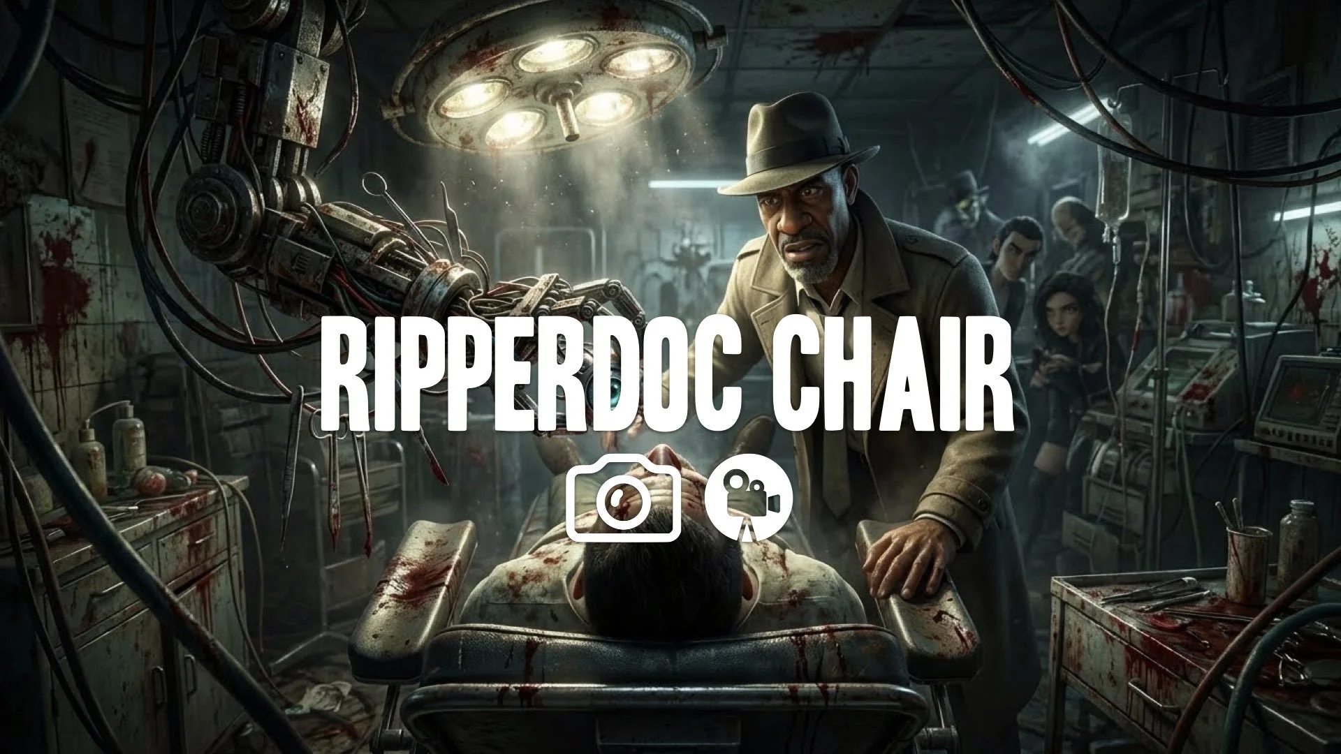 Claustrophobic POV looking up from a medical chair as a mechanical arm descends with a cybernetic eye. The cluttered, gory room is lit by a flickering surgical lamp. Gritty body-horror style. No Music