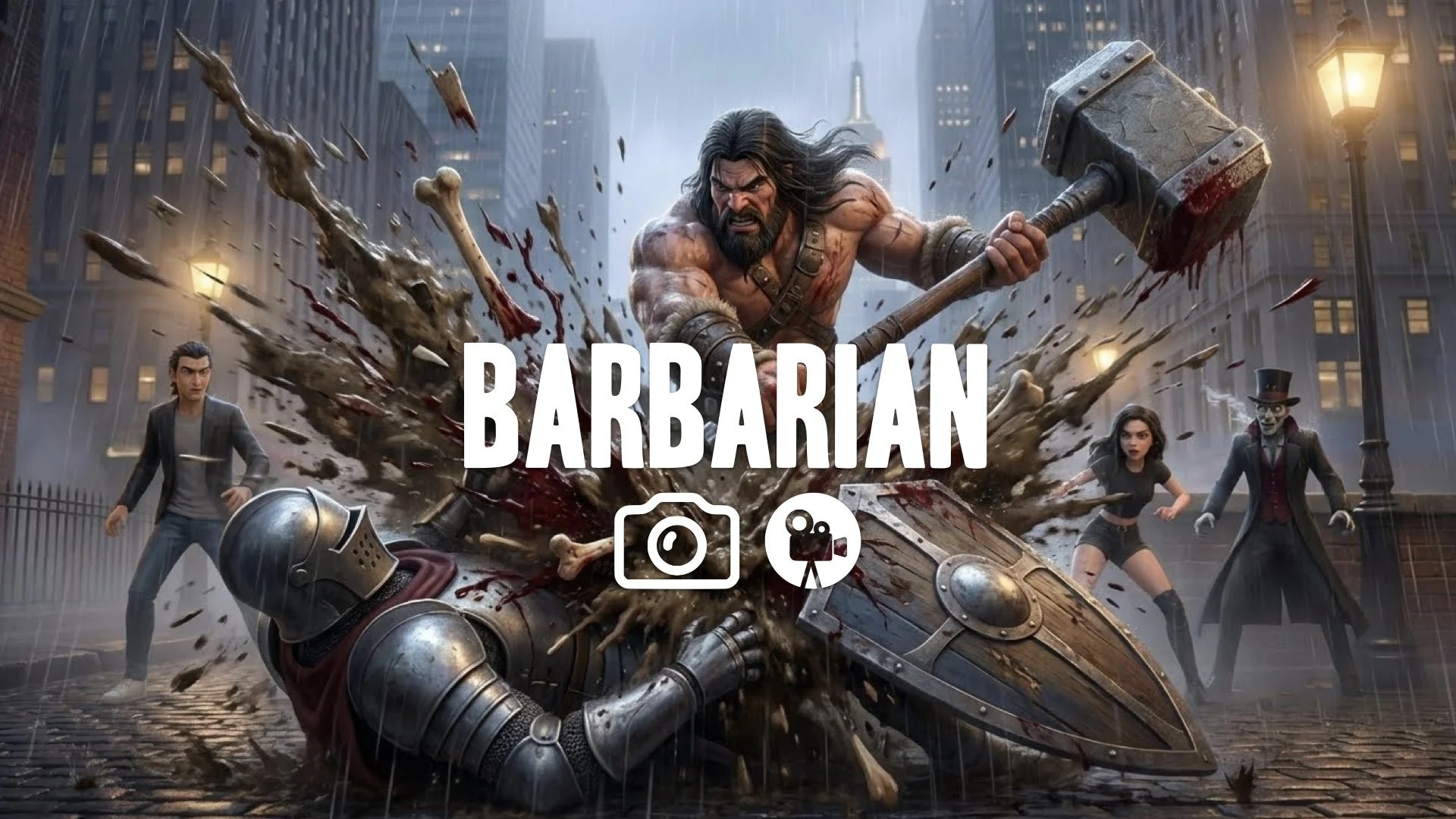 Visceral mid-action close-up: Barbarian hammer strikes shield, exploding a massive shockwave of mud, blood, and bone shards. Exaggerated, heavy physics in pouring rain.No Music