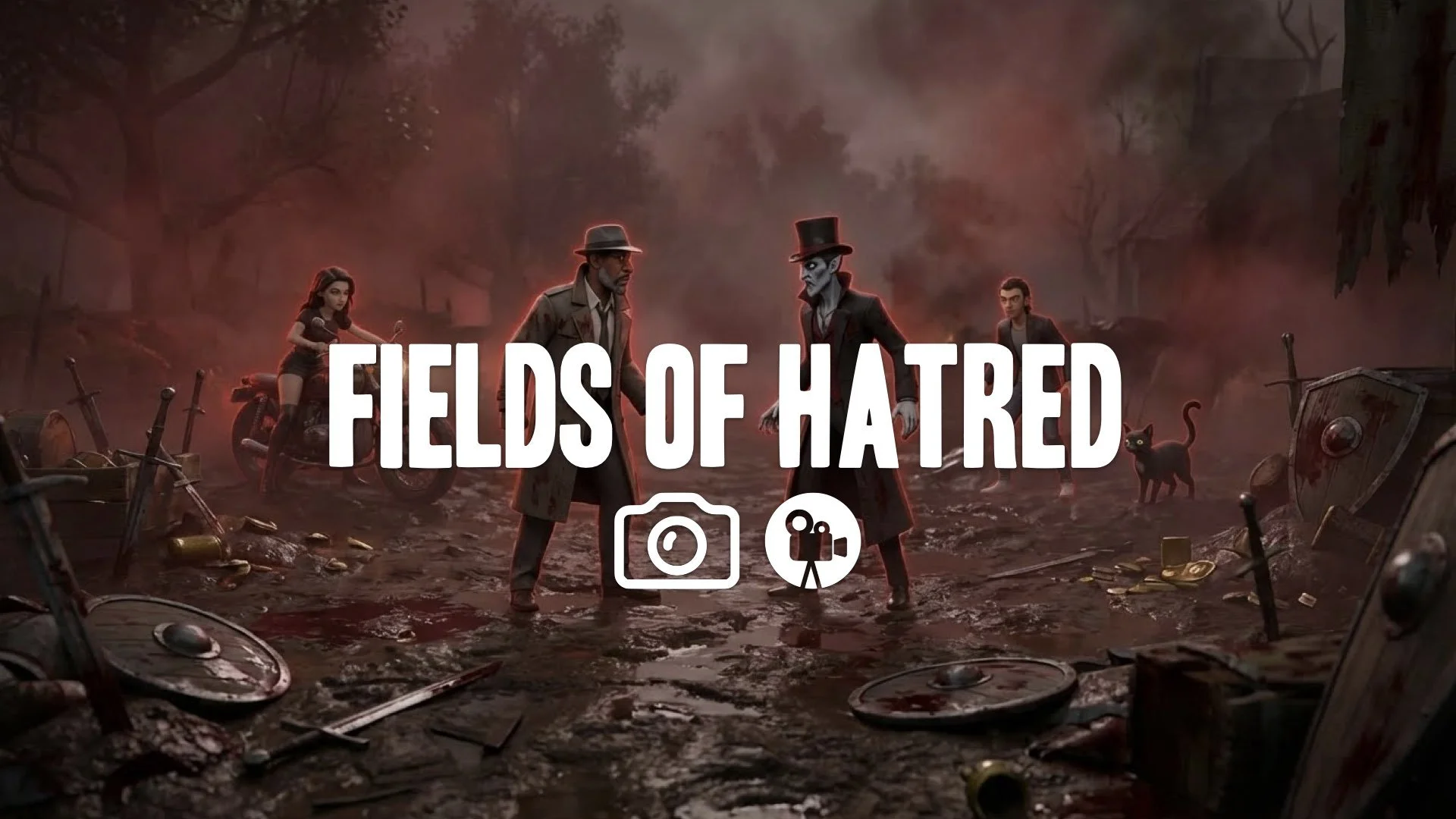Tense, zoomed-in PvP gameplay perspective. Two rivals circle slowly in a desaturated, blood-soaked muddy clearing. Faint red hostile outlines glow amidst broken weapons and hazy red air. No Music