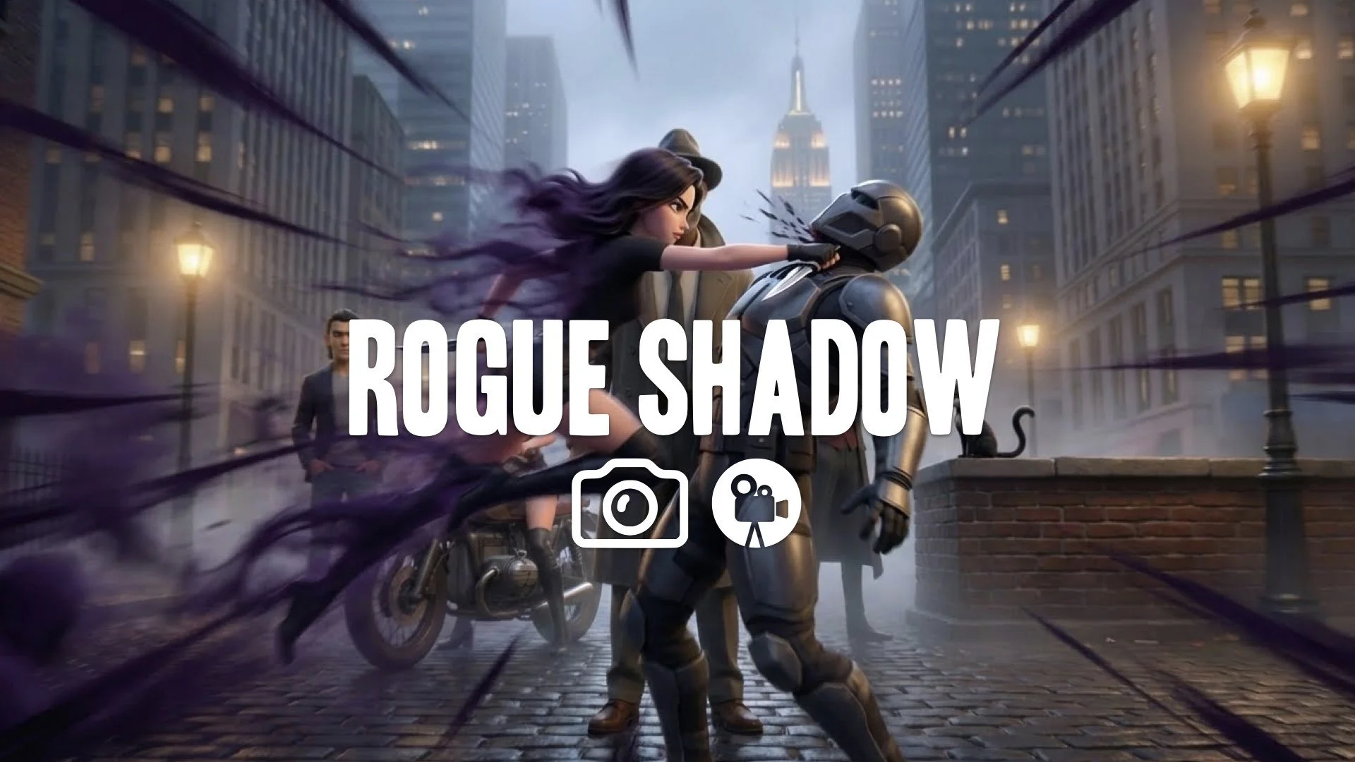 High-speed action sequence: Rogue disappears in black smoke, instantly reappearing behind enemy with daggers striking. Purple shadow streaks and cinematic motion blur emphasize speed. No Music