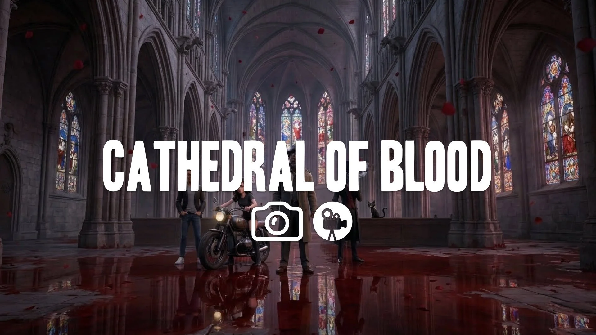 Slow cinematic pan through an immense gothic cathedral. Shallow blood covers the floor, reflecting stained glass windows as petals fall. A heavy, silent, and horrific atmosphere filled with detailed a
