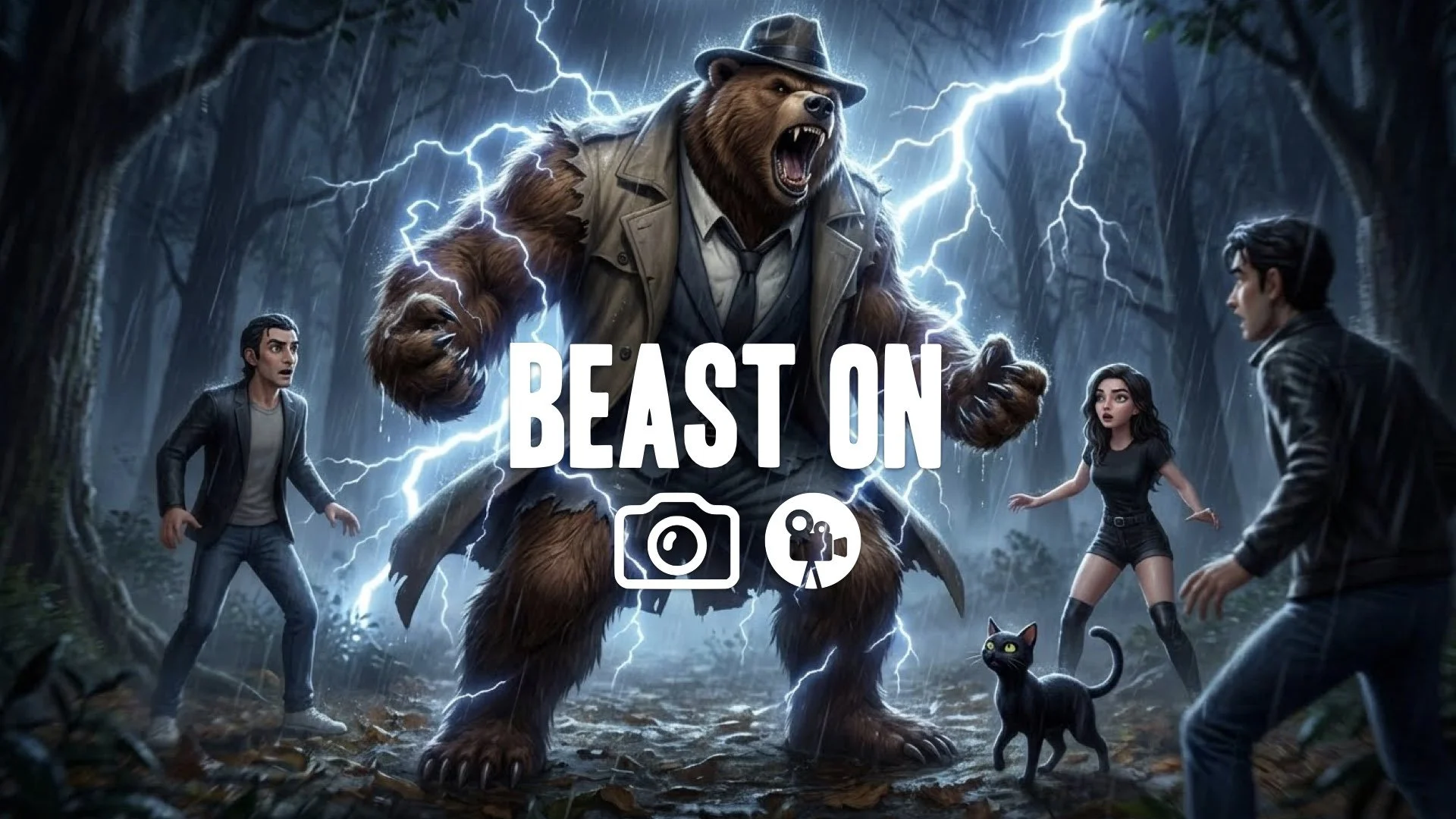 Mid-transformation sequence: character halfway to Werebear. Fur bursts armor, lightning crackles in a forest thunderstorm. Camera shakes with power.No Music
