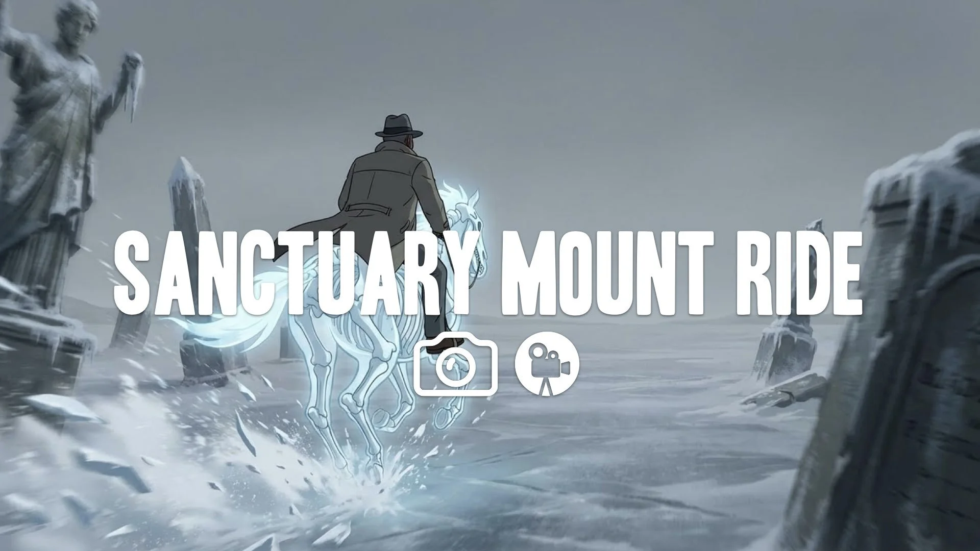 Over-the-shoulder tracking: character gallops a spectral skeletal horse across a frozen wasteland. Snow kicks up past ruined statues under a bleak gray horizon. Grim, desolate atmosphere.No Music