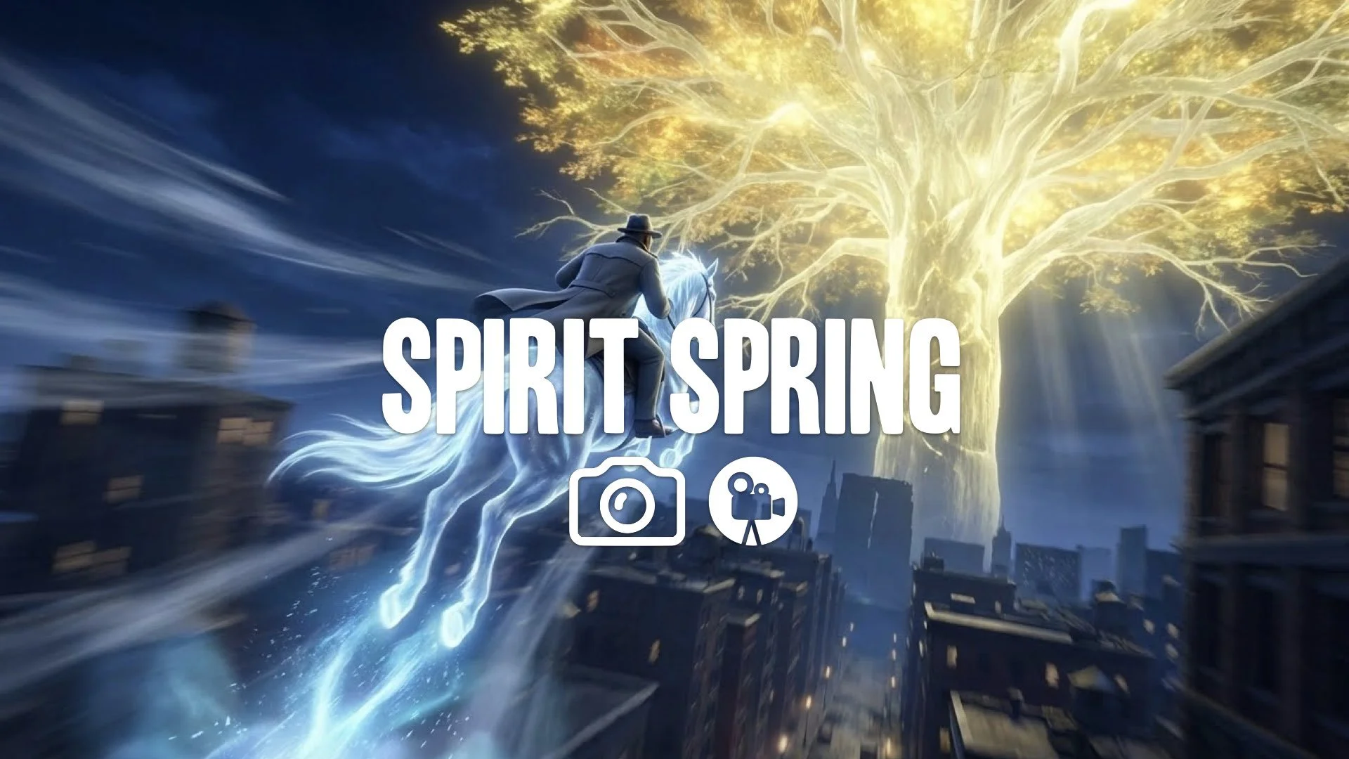 Wide dynamic tracking shot: character on spectral steed in high-velocity vertical jump from a Spiritspring. Aggressive wind streaming. Glowing Erdtree dominates dark night sky. Intense vertical speed.