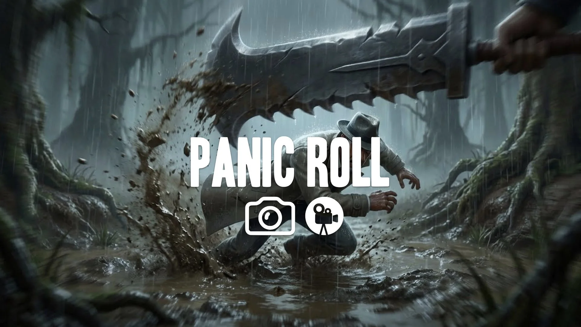 Tense, tight gameplay camera: character's desperate mud dodge roll in a rainy swamp. Massive boss weapon swings inches overhead, heavy motion blur emphasizing speed. No music.
