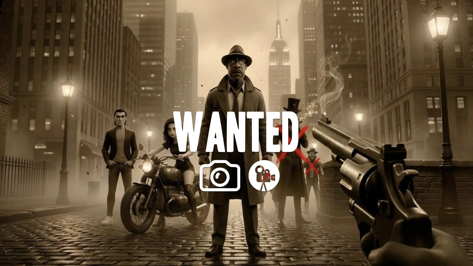 FPV "Dead Eye" slow-mo transition. Sepia tone. Red "X" marks on three distant bandits. Smoking revolver, suspended dust. High contrast, cinematic focus. No music.