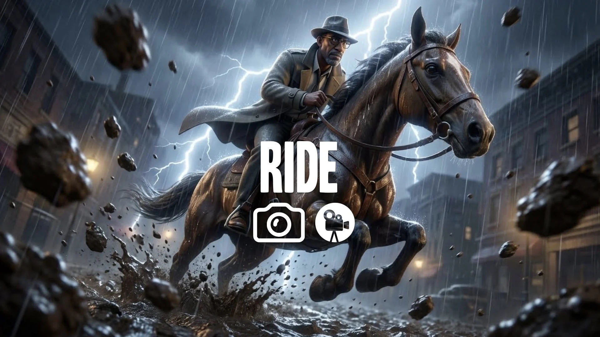 Low-angle tracking, horse galloping in deep mud, thunderstorm. Dirt hits lens. Rider leans forward. Lightning highlights wet leather. Dynamic action. No music.