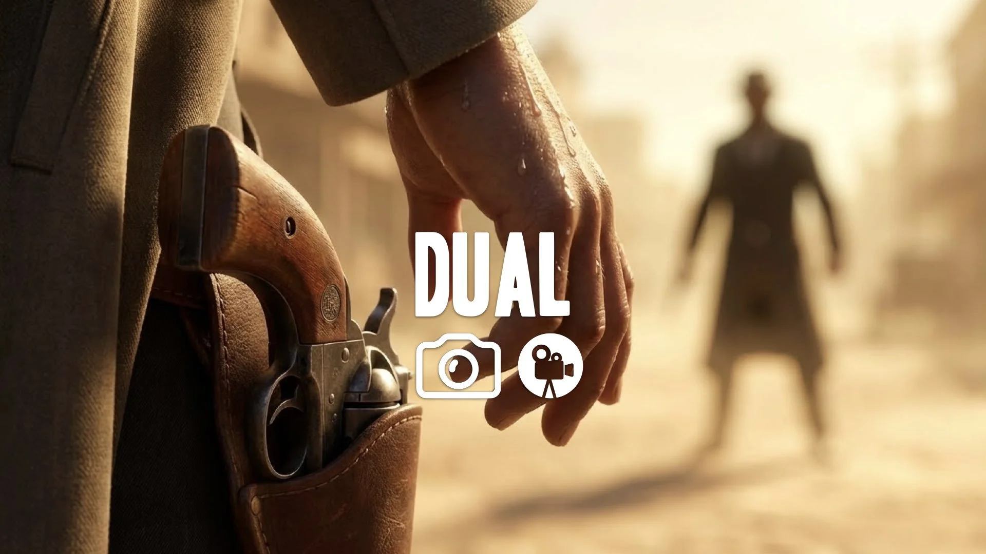 Extreme close-up hand hovering over revolver. Sun-drenched dusty street, opponent silhouette. Sweat beads. Slow rack focus from gun to enemy. High tension. No music.