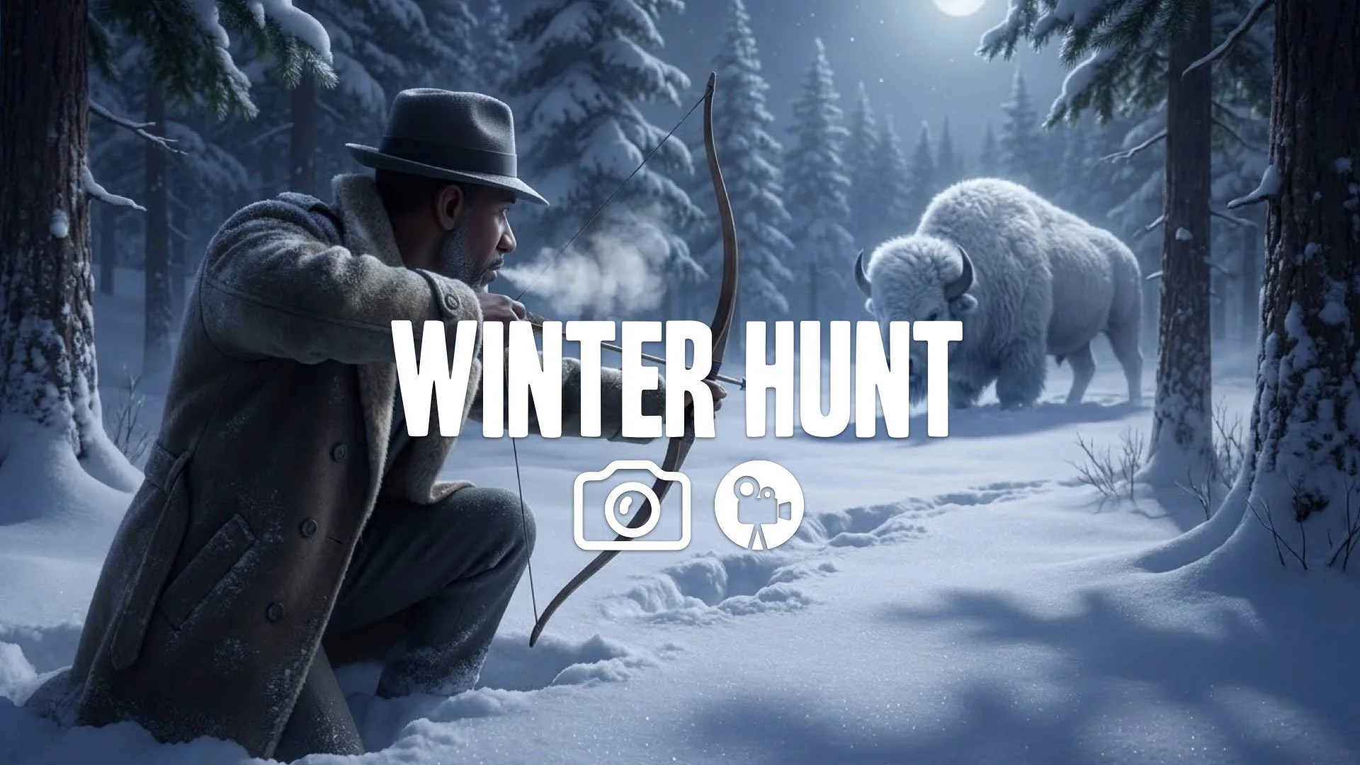 OTS crouching in deep snow, tracking white bison under blue moonlight. Visible breath vapor. Character slowly draws bow. High-fidelity fur texture. Quiet. No music.