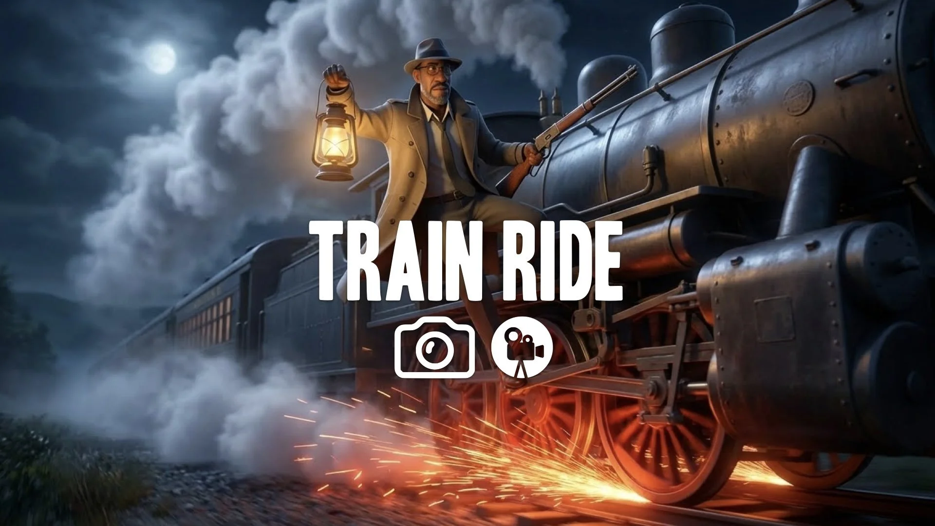 Night action shot, character balancing on moving steam train. Sparks fly from wheels, steam billows. Lantern and repeater in hand. Dynamic light from lantern against smoke. Cinematic. No music.