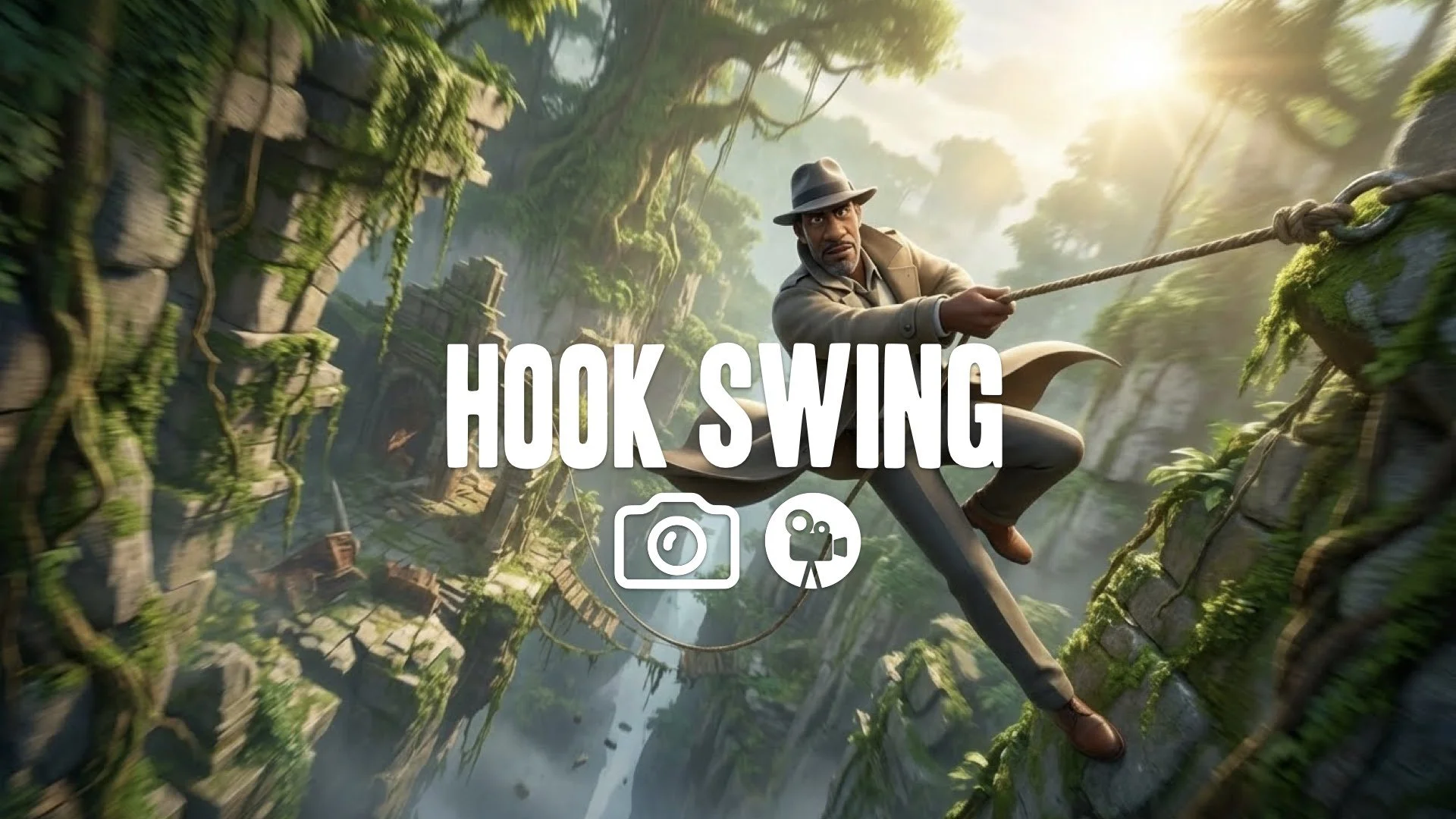 Dynamic wide-angle tracking shot, character swings on grappling hook across jungle chasm. Crumbling pirate ruins background. Dizzying height, strong momentum. Sun flares through trees. No music.