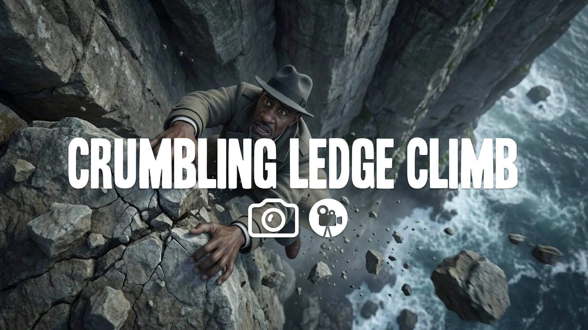 Vertical gameplay view looking down. Character hangs from cracking cliff, desperately reaching as rocks fall to the ocean below. High tension and vertigo. Keep original style. No music.