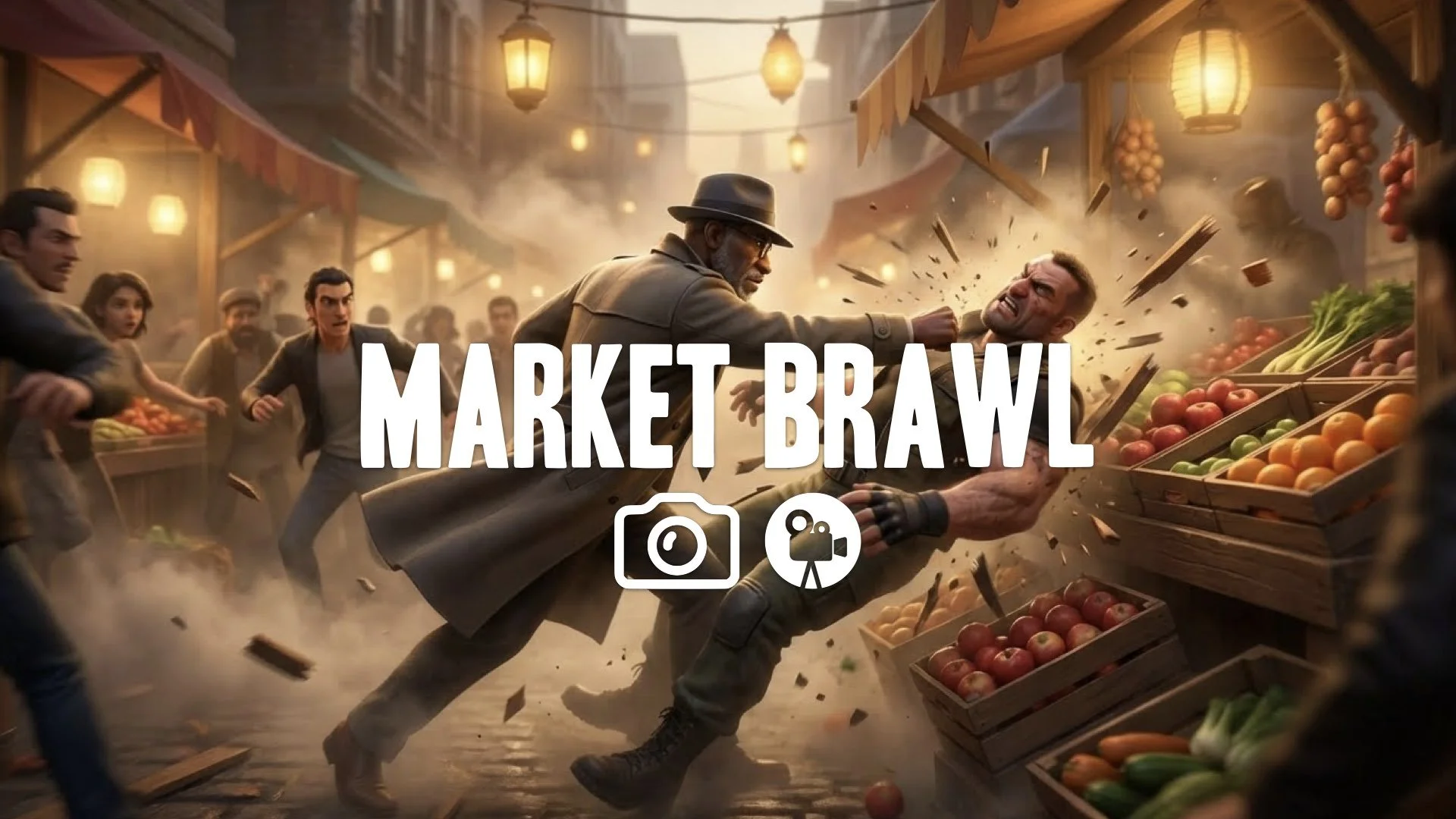 Intense shaky-cam close-up: character slams mercenary into a fruit stall in a crowded marketplace. Flying debris, dust, warm chaotic light. Handheld camera feel. Keep original style. No music.