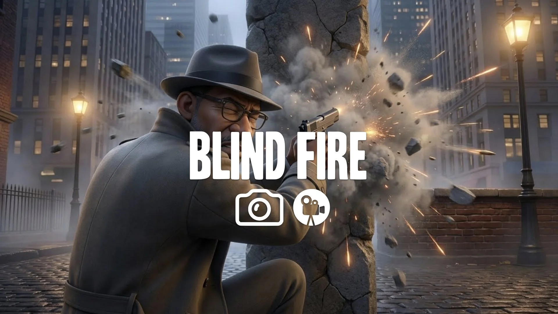 Tight cover-shooter: character crouched behind crumbling pillar, blind-firing pistol. Bullets chip stone, sparks fly. Focus on flinching reaction to fire. Keep original style. No music.