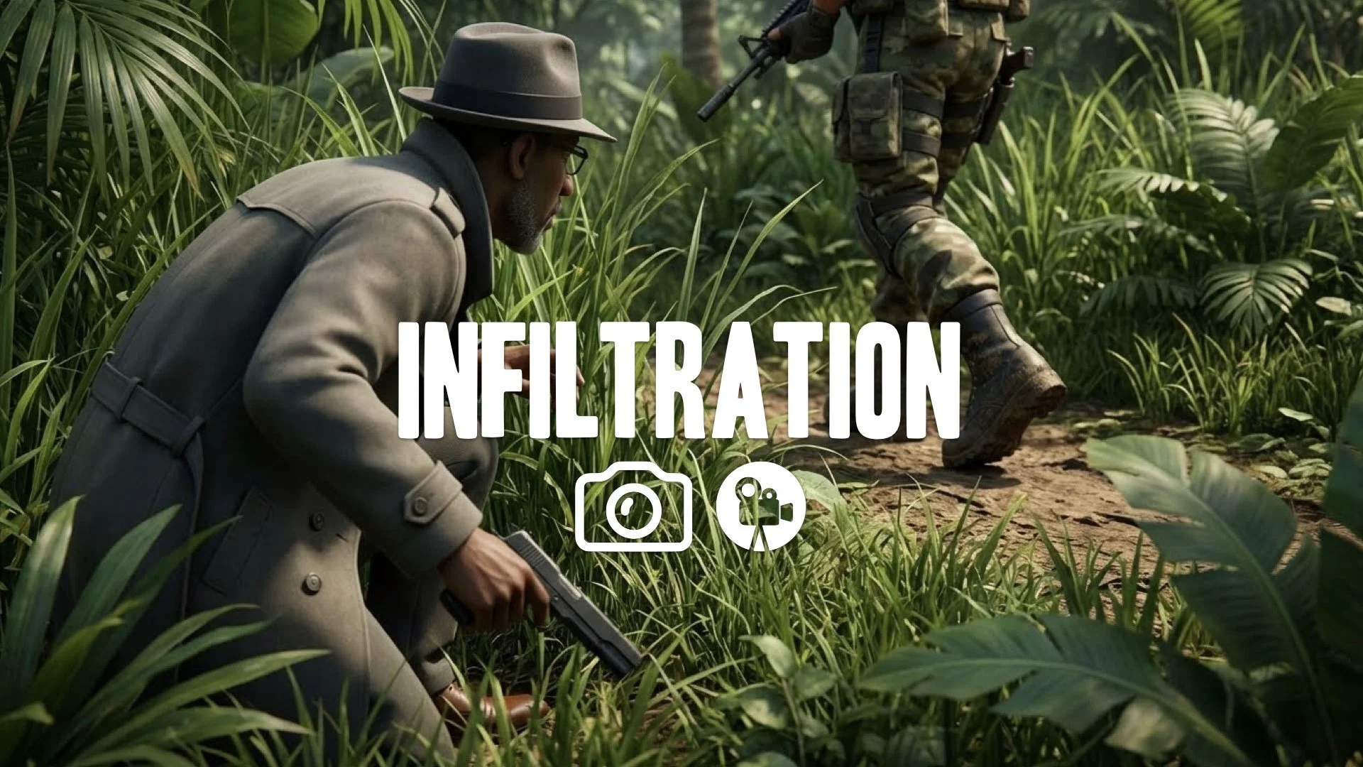 Low-angle stealth: character crouched in tall swaying grass. Mercenary walks past. Focus shifts from hand to boots. Lush textures. Keep original style. No music.