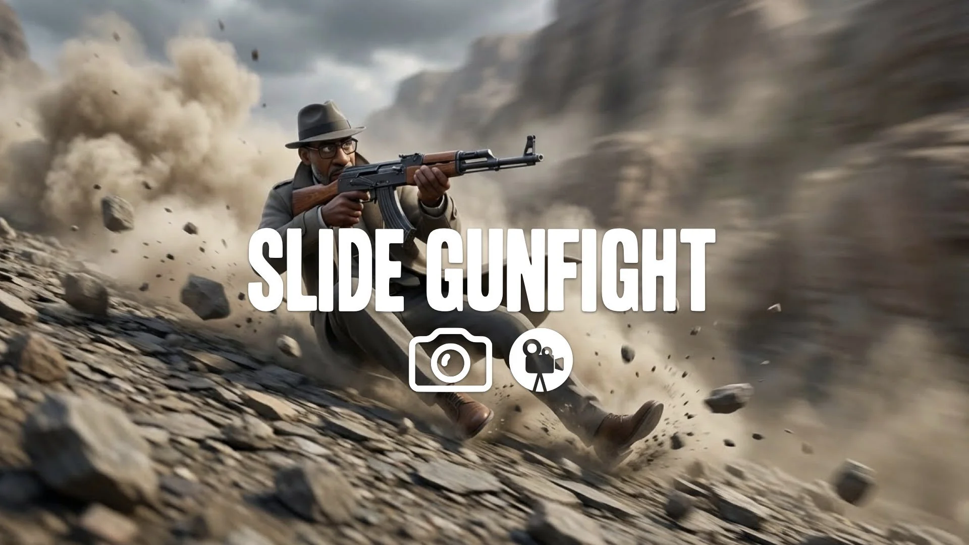 High-velocity shot: character slides down steep shale, dust billowing, aiming AK-47 at target below. Stones tumble realistically with cinematic motion blur. Keep style. No music.