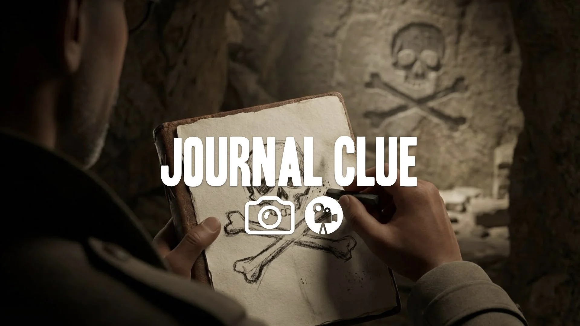 Over-the-shoulder FP view: Character holds leather journal, sketching pirate symbol with charcoal based on dim cave ruin wall ahead. Detailed paper/charcoal textures. Keep style. No music.