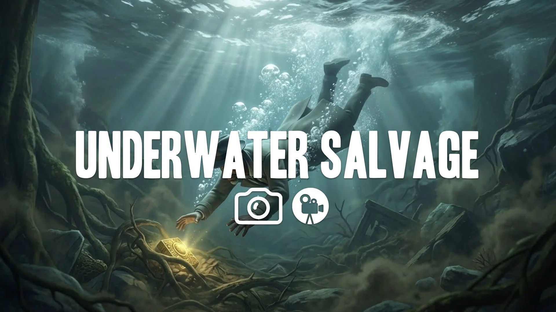 Gameplay view: character dives in murky river, reaching for gold artifact in debris. Bubbles, light rays, muted blue/green tones. Keep character/style. No music.