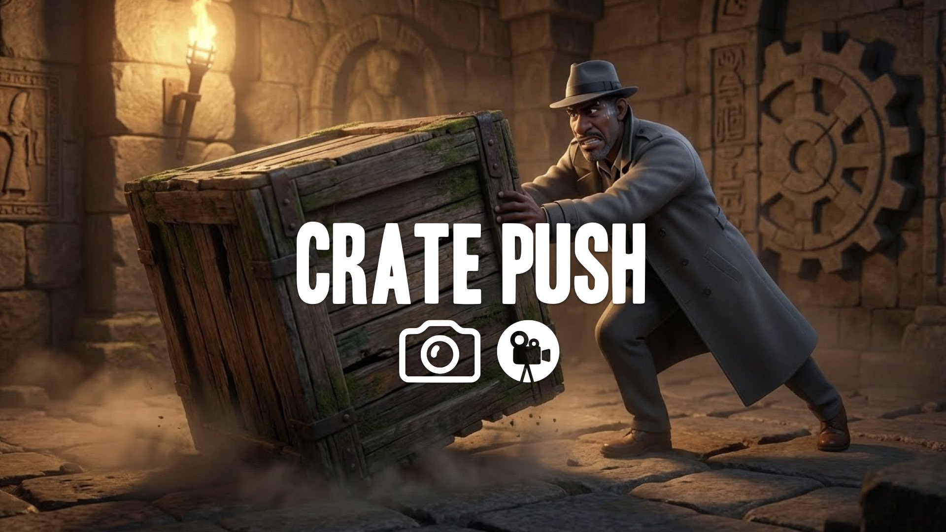 Mid-action: character strains pushing heavy rotting crate over ancient stone floor, raising dust. Dramatic torchlight, long shadows. Detailed textures. Keep character/style. No music.