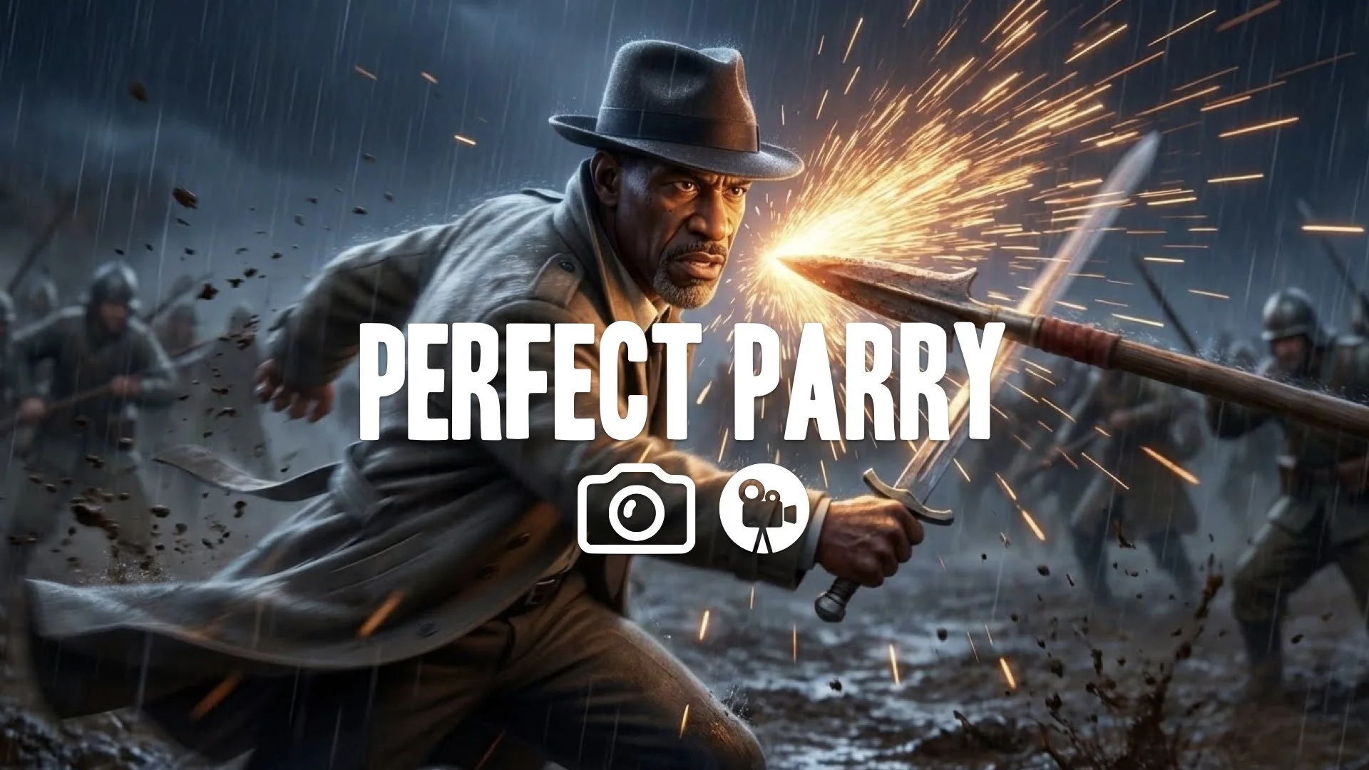 Freeze frame: character parries Mongol spear inches from face, showering orange sparks over rainy, muddy battlefield. Intense focus, cinematic blur. Keep character/style. No music.